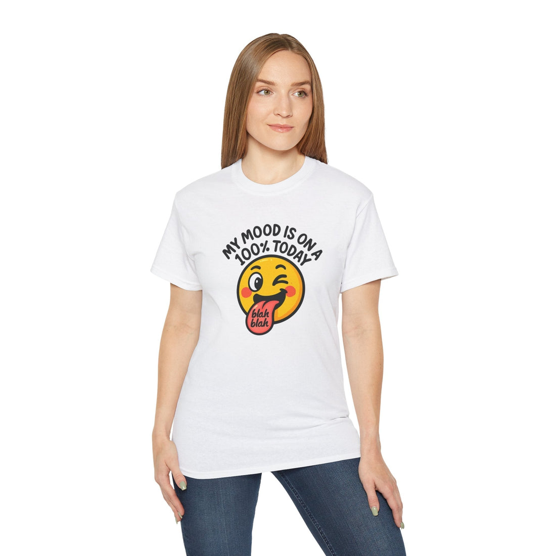 White graphic tee with winking emoji and 'My Mood Is On A 100% Today' text, streetwear style