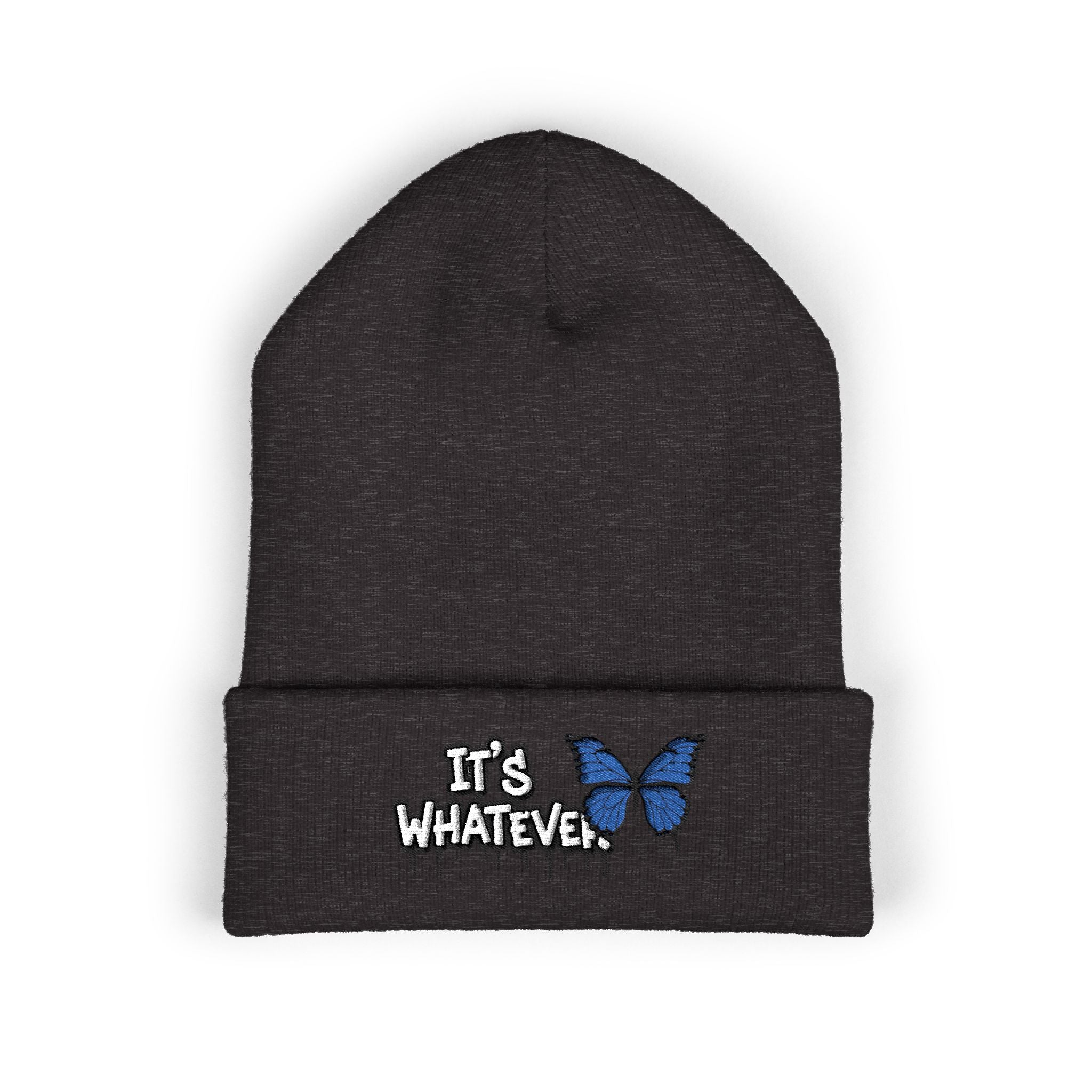 Embroidered 'It's Whatever' Beanie — Blue Butterfly Cuffed Knit Hat