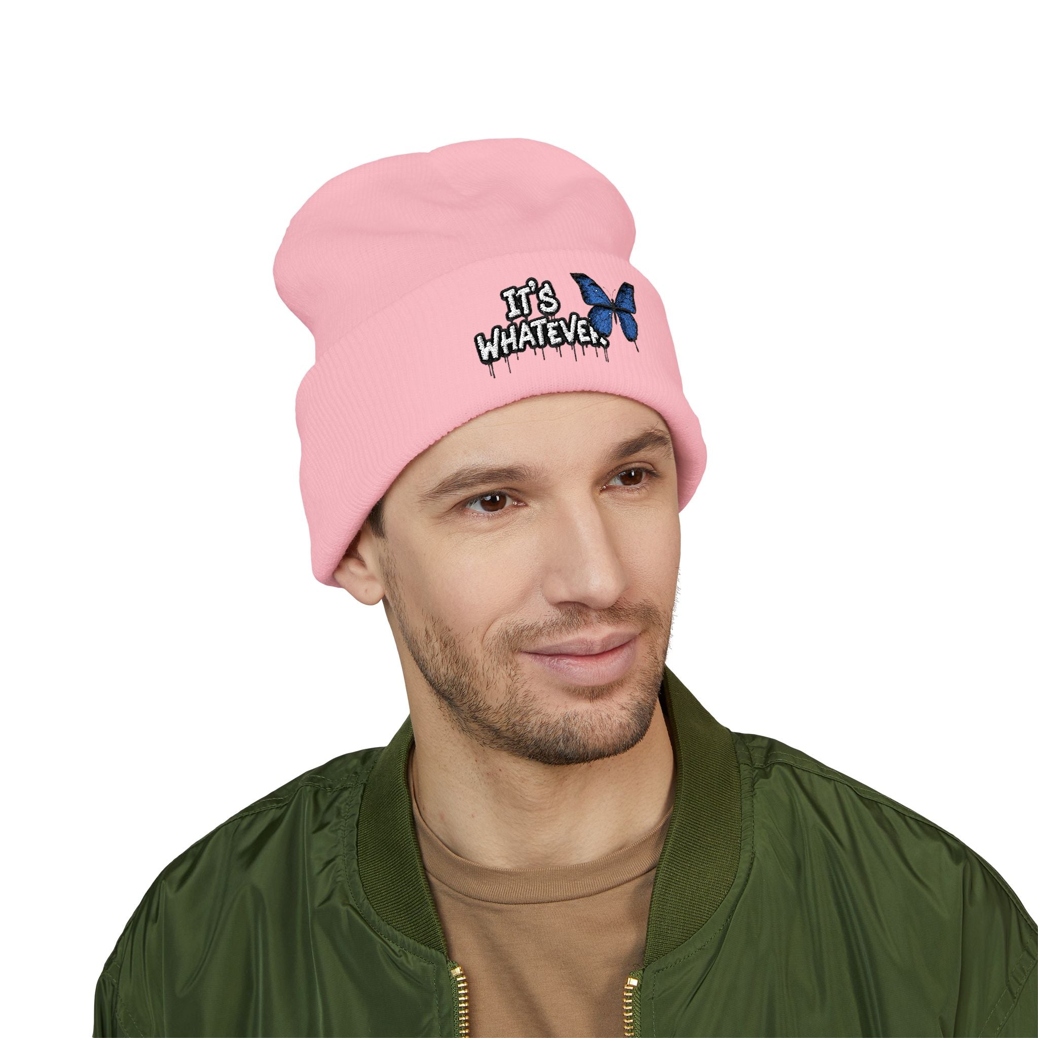 Embroidered 'It's Whatever' Beanie — Blue Butterfly Cuffed Knit Hat