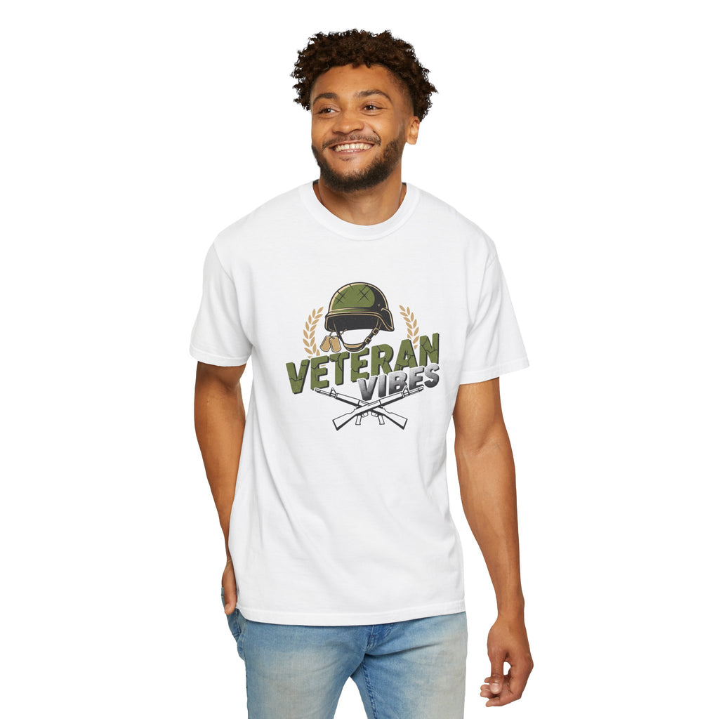 Veteran Vibes T-Shirt — Military Helmet & Crossed Rifles Veteran Shirt