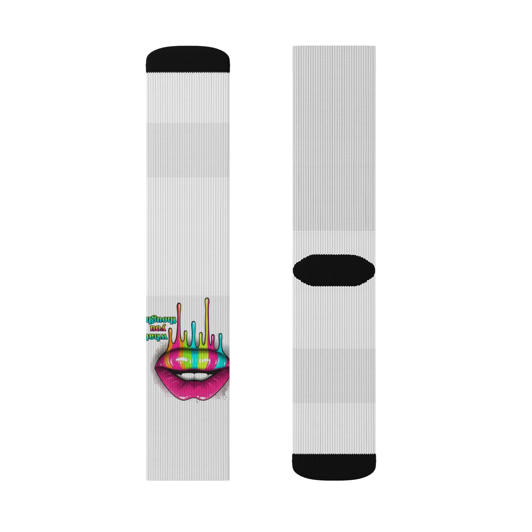Colorful Lip Art Socks — Sublimated Graphic Crew Socks with Rainbow Drip Design