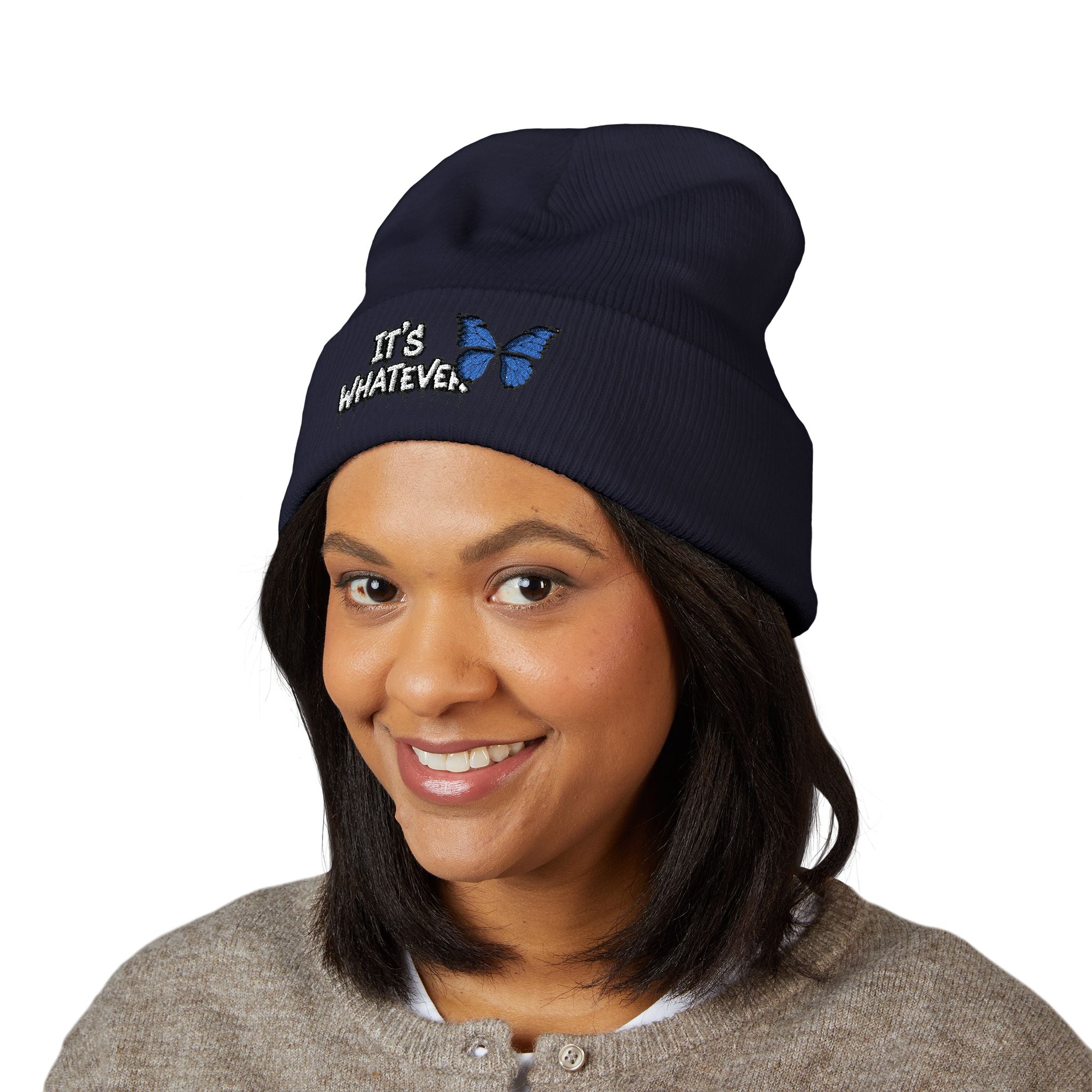 Embroidered 'It's Whatever' Beanie — Blue Butterfly Cuffed Knit Hat