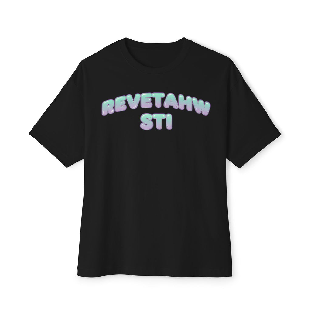Boxy Tee — Pastel Bubble Text 'REVETAHW STI' Graphic