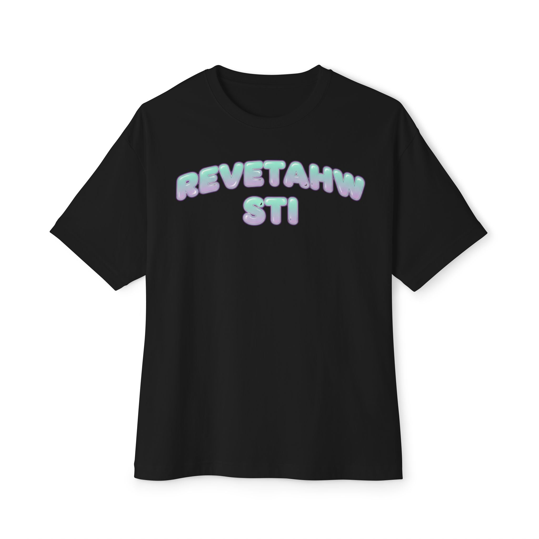 Boxy Tee — Pastel Bubble Text 'REVETAHW STI' Graphic