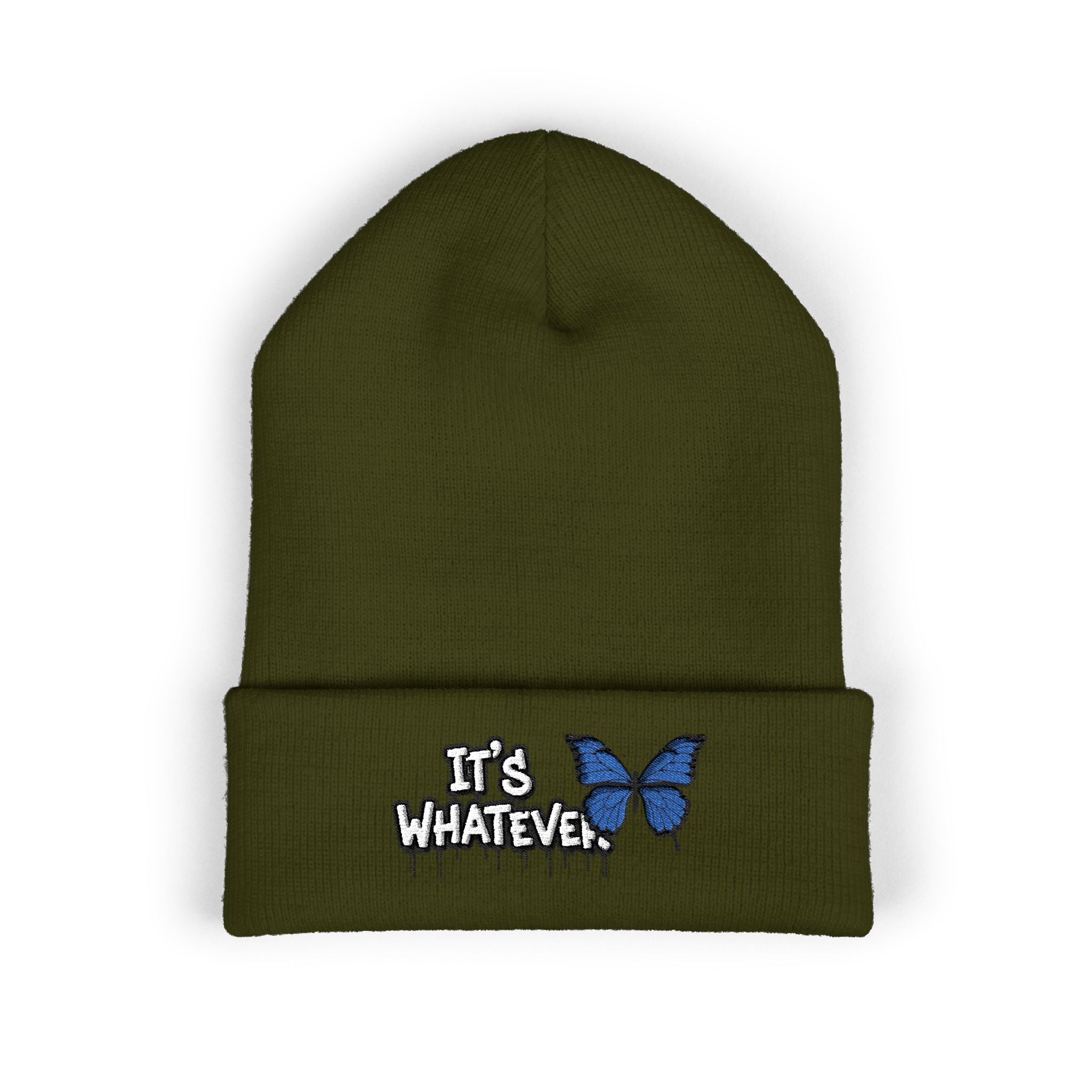 Embroidered 'It's Whatever' Beanie — Blue Butterfly Cuffed Knit Hat