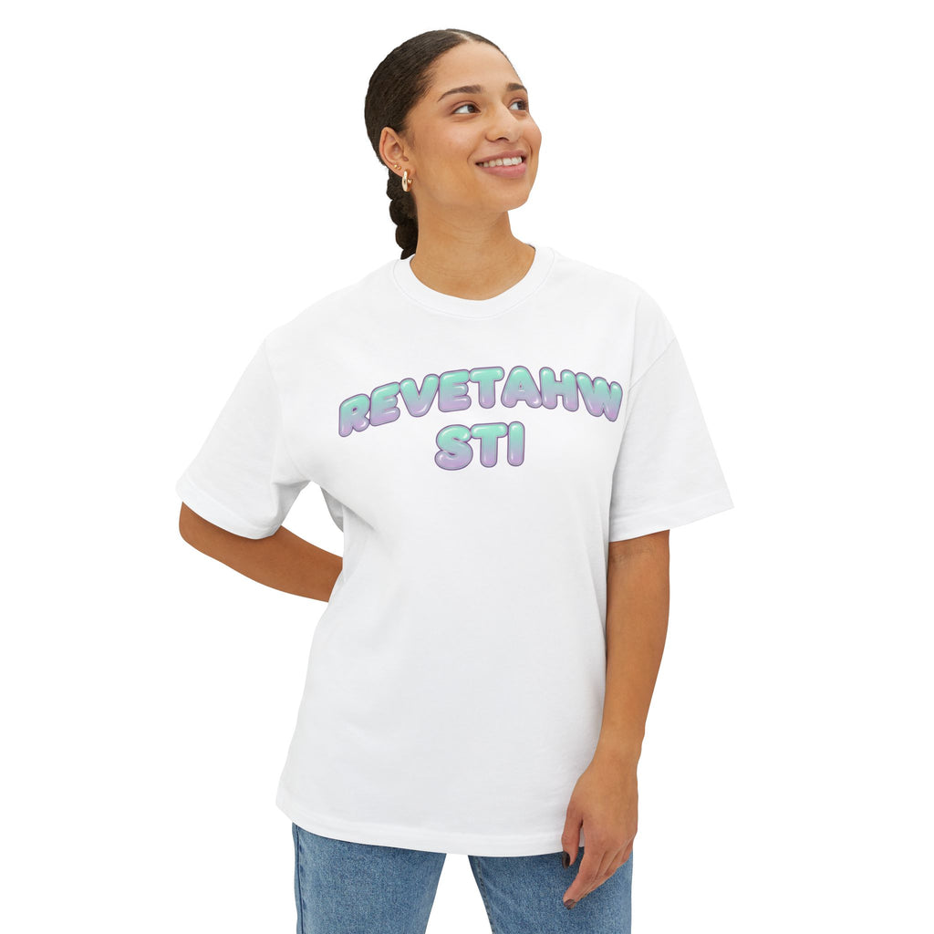 Boxy Tee — Pastel Bubble Text 'REVETAHW STI' Graphic