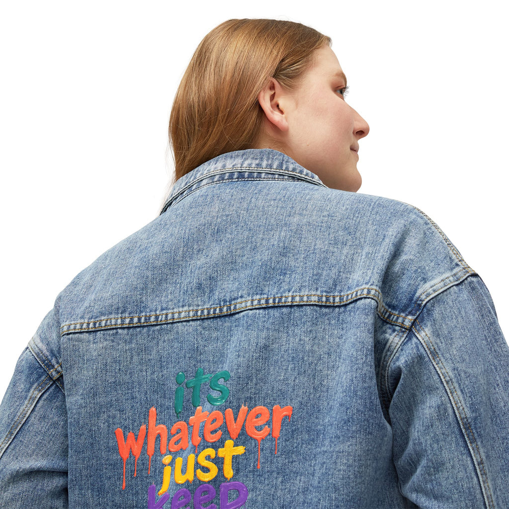 Denim Jacket — "Whatever, Just Going" Colorful Back Print