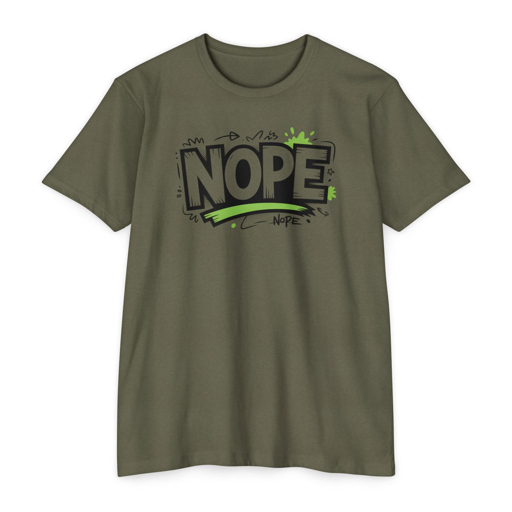 NOPE Graphic T-Shirt — Casual Olive Tee with Green Street Art Slogan