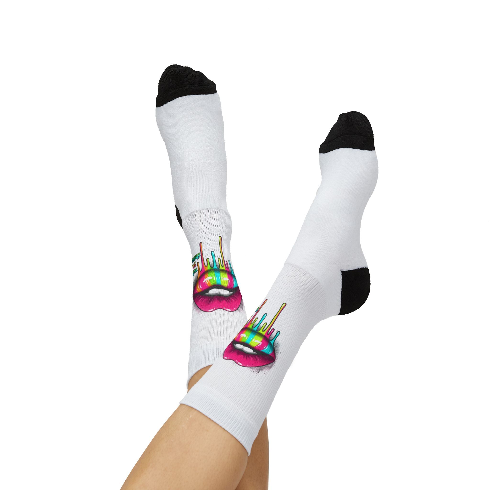 Colorful Lip Art Socks — Sublimated Graphic Crew Socks with Rainbow Drip Design