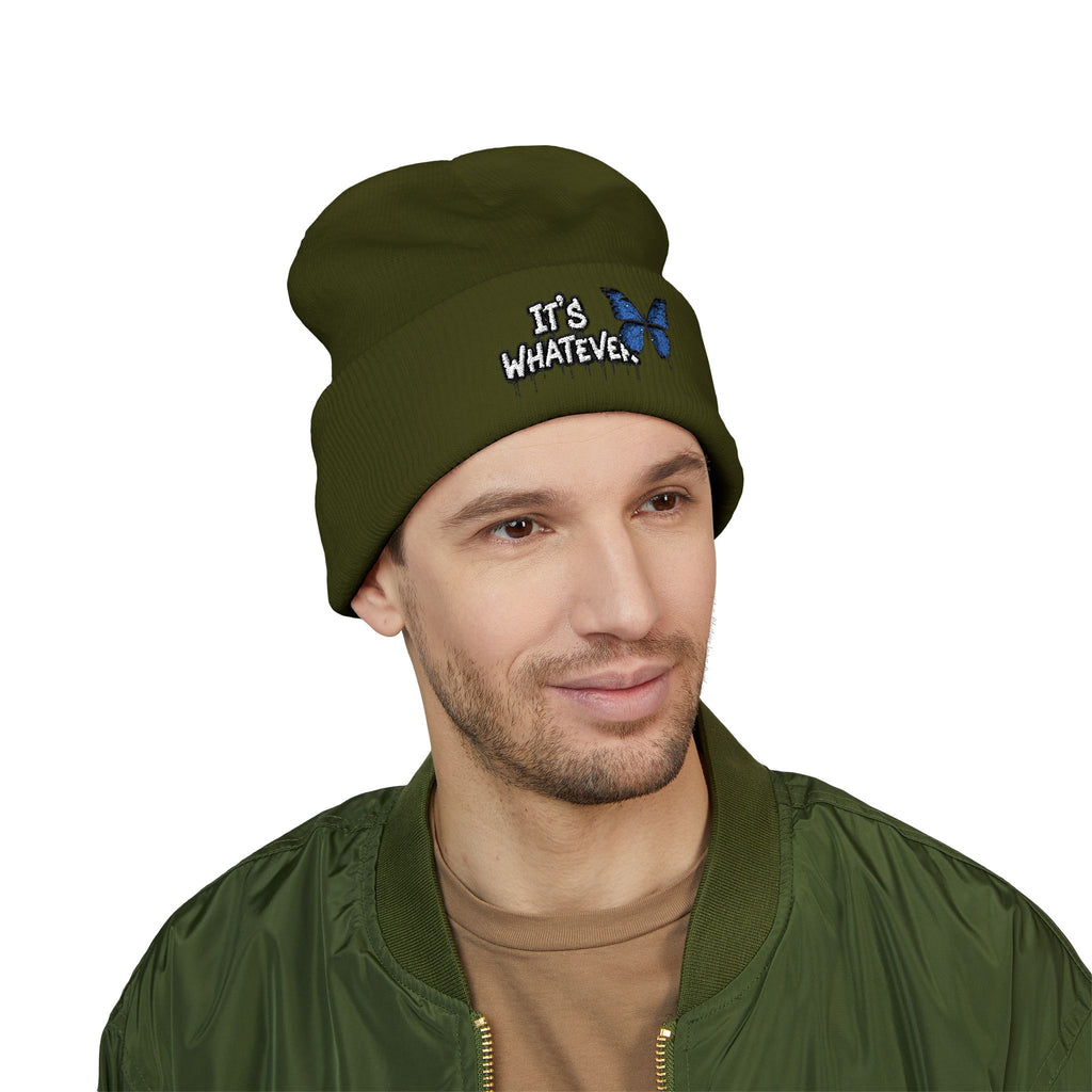 Embroidered 'It's Whatever' Beanie — Blue Butterfly Cuffed Knit Hat