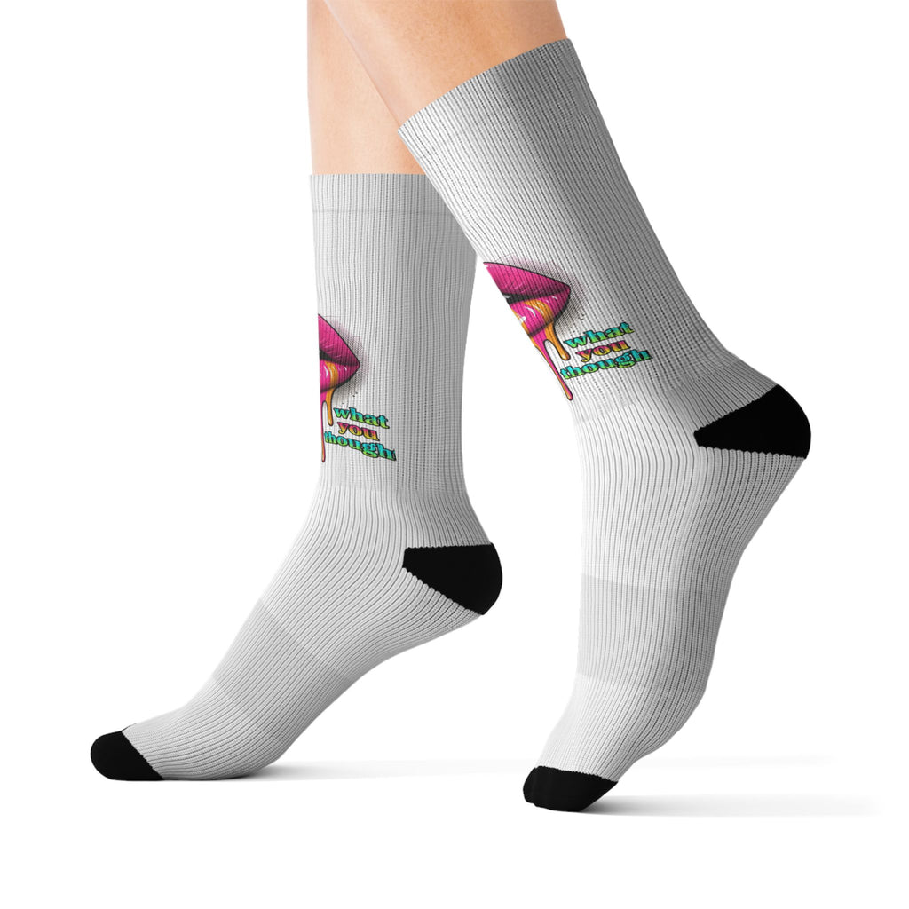 Colorful Lip Art Socks — Sublimated Graphic Crew Socks with Rainbow Drip Design