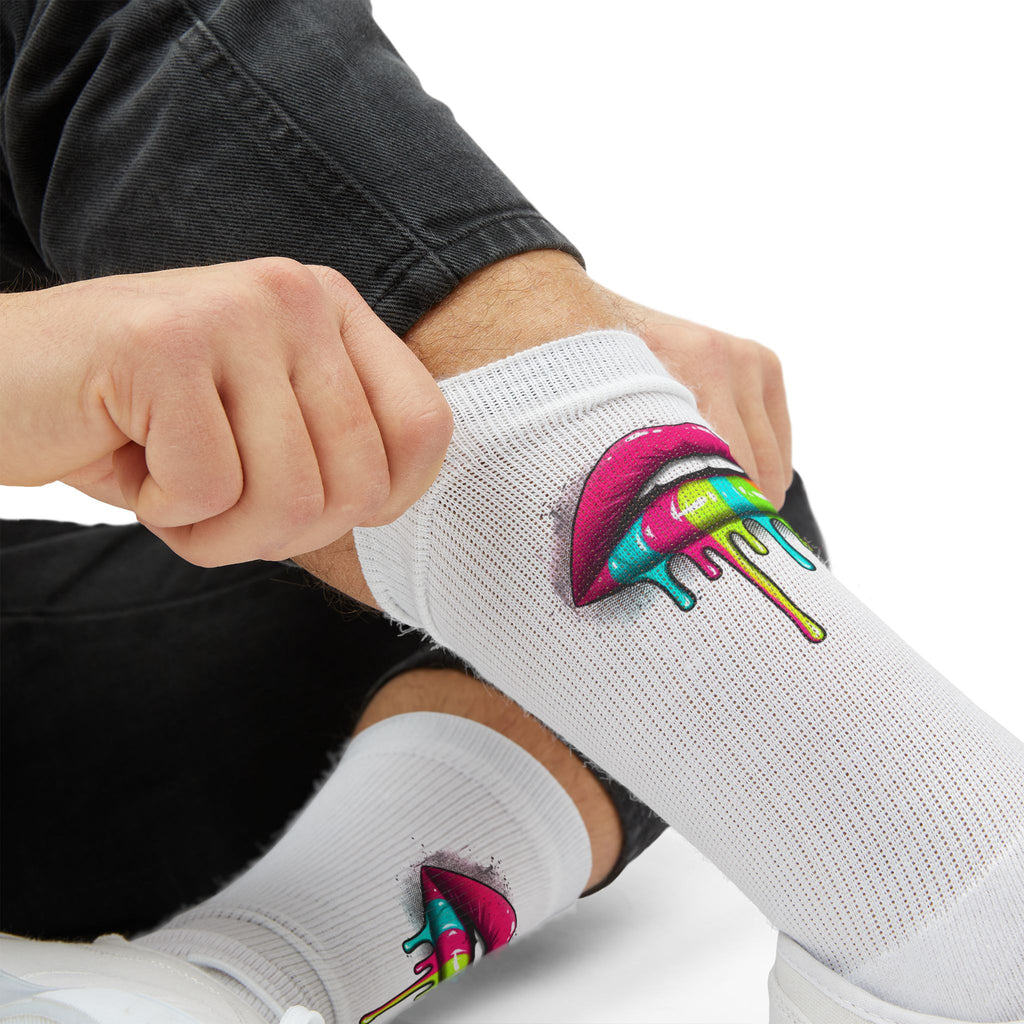 Colorful Lip Art Socks — Sublimated Graphic Crew Socks with Rainbow Drip Design