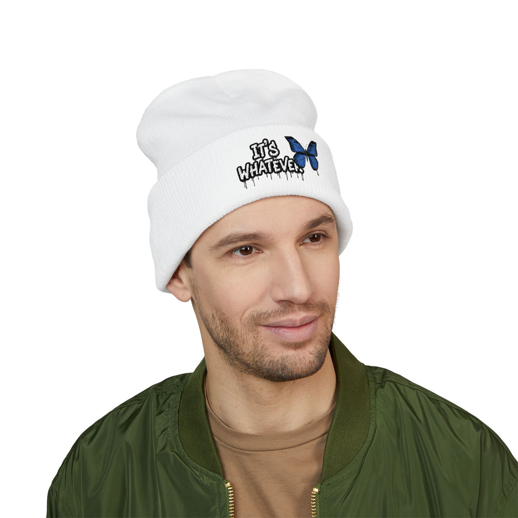 Embroidered 'It's Whatever' Beanie — Blue Butterfly Cuffed Knit Hat
