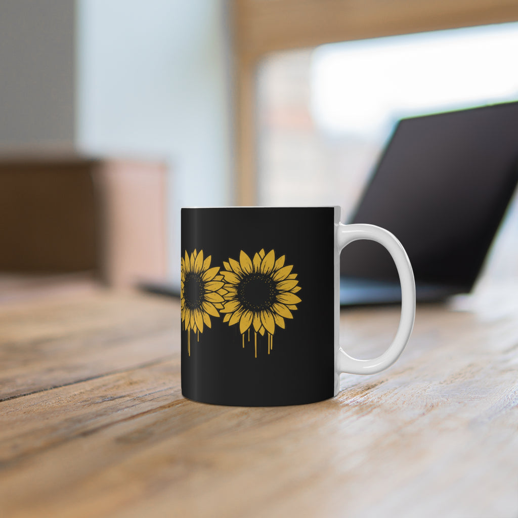 Sunflower Drip Black Ceramic Mug — 11oz Floral Coffee Cup