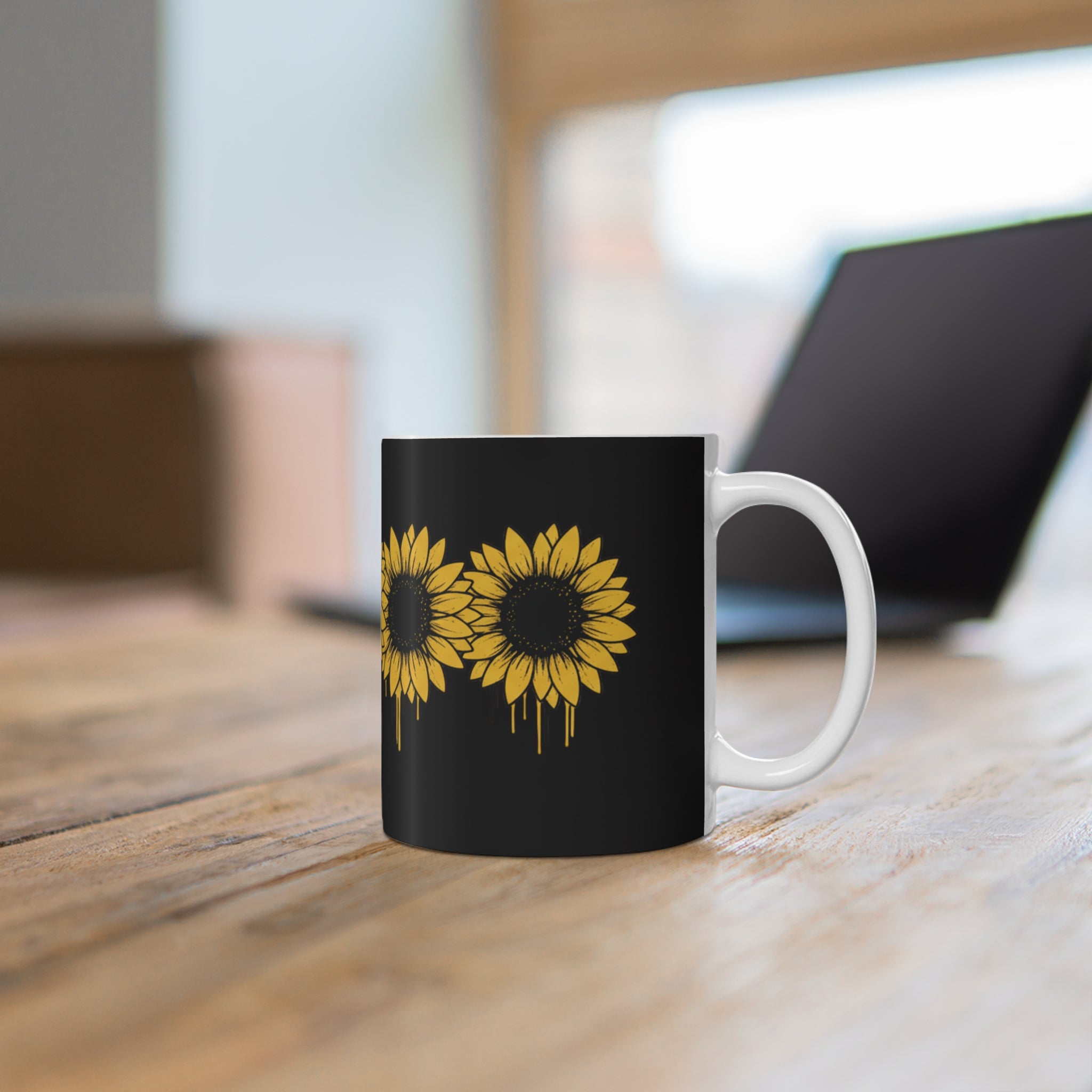 Sunflower Drip Black Ceramic Mug — 11oz Floral Coffee Cup
