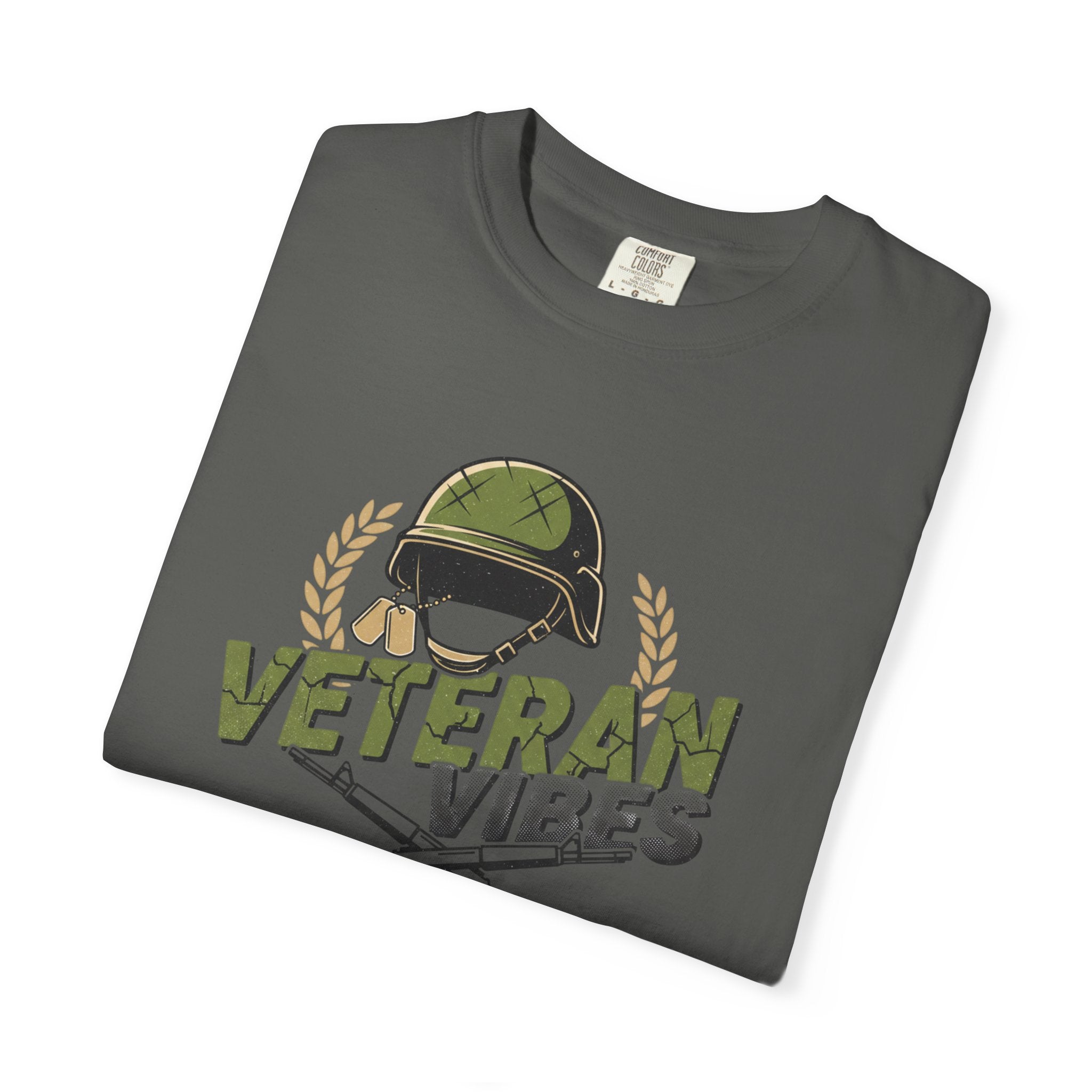 Veteran Vibes T-Shirt — Military Helmet & Crossed Rifles Veteran Shirt