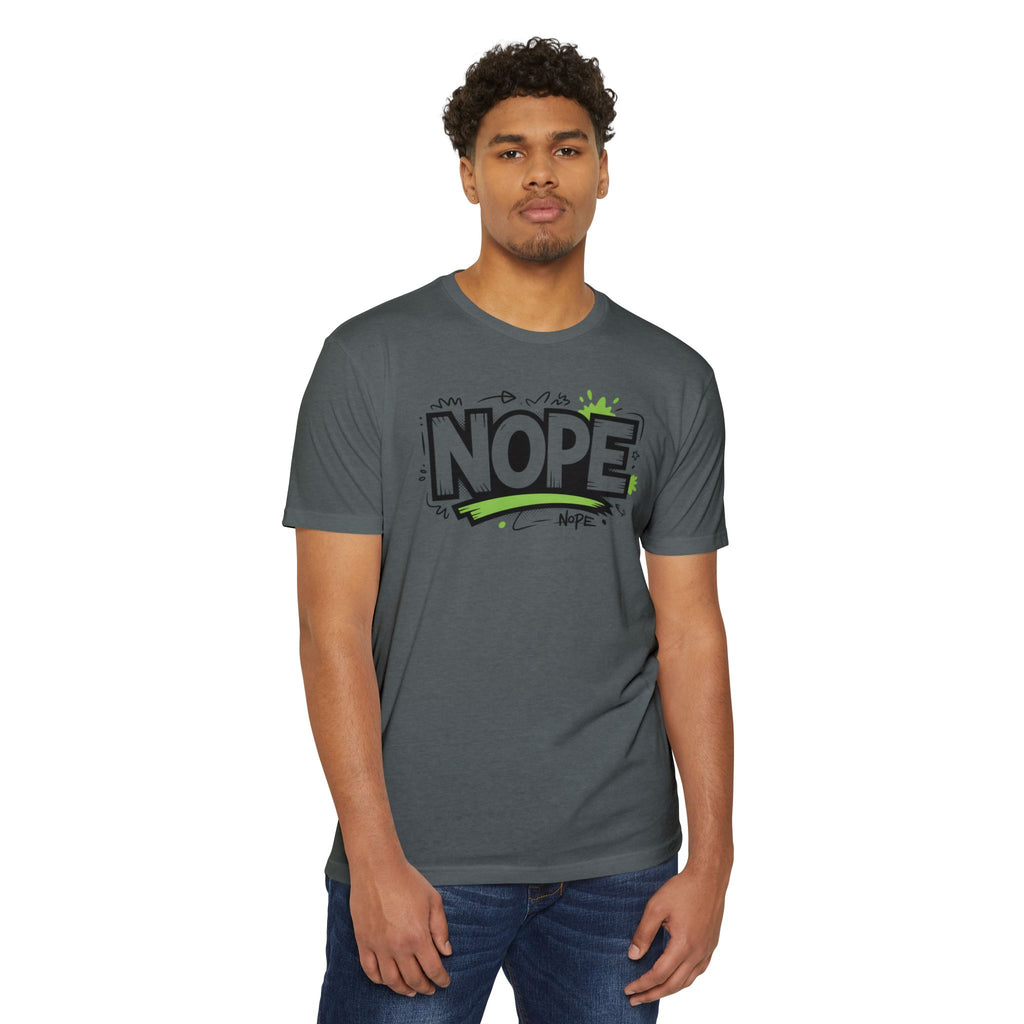 NOPE Graphic T-Shirt — Casual Olive Tee with Green Street Art Slogan