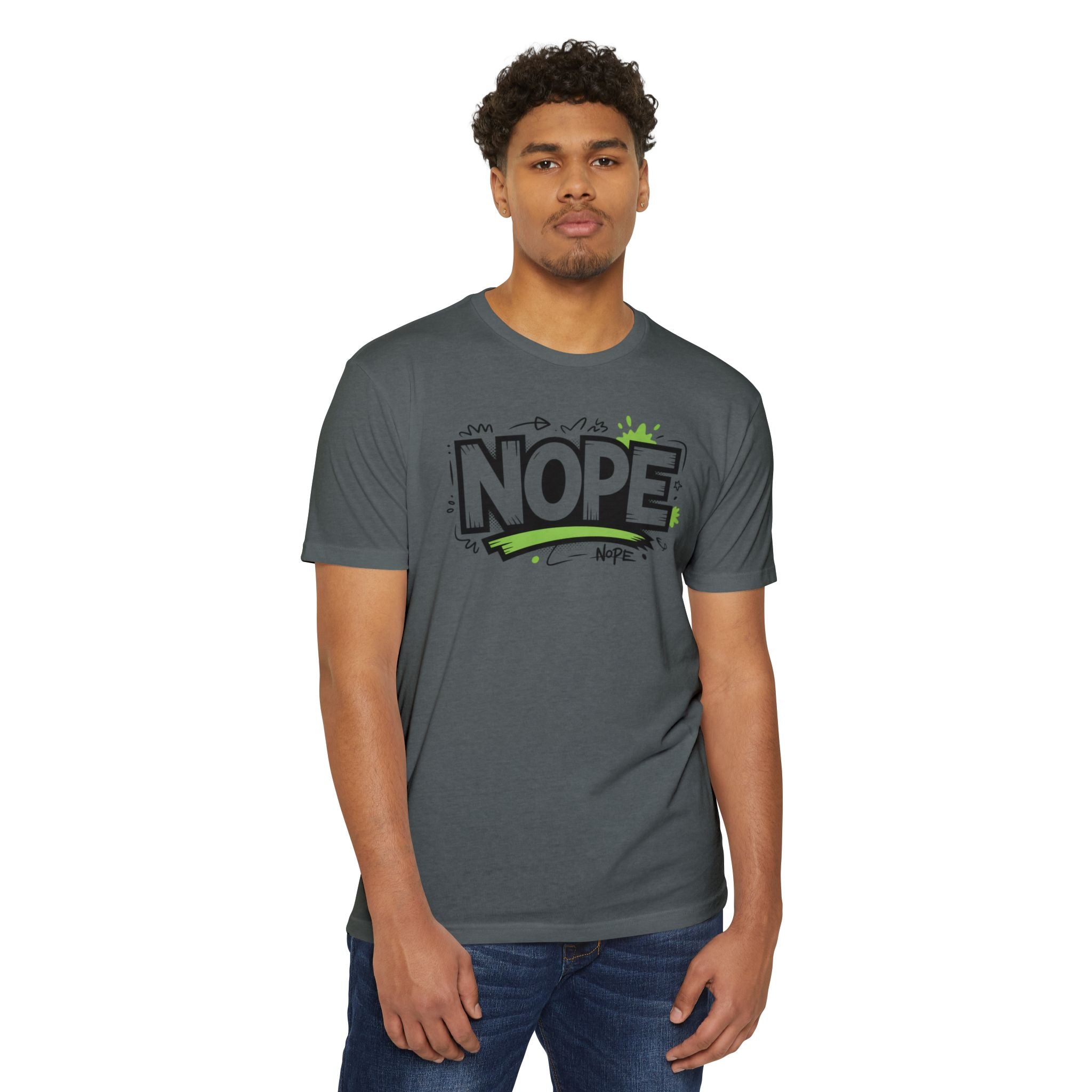 NOPE Graphic T-Shirt — Casual Olive Tee with Green Street Art Slogan