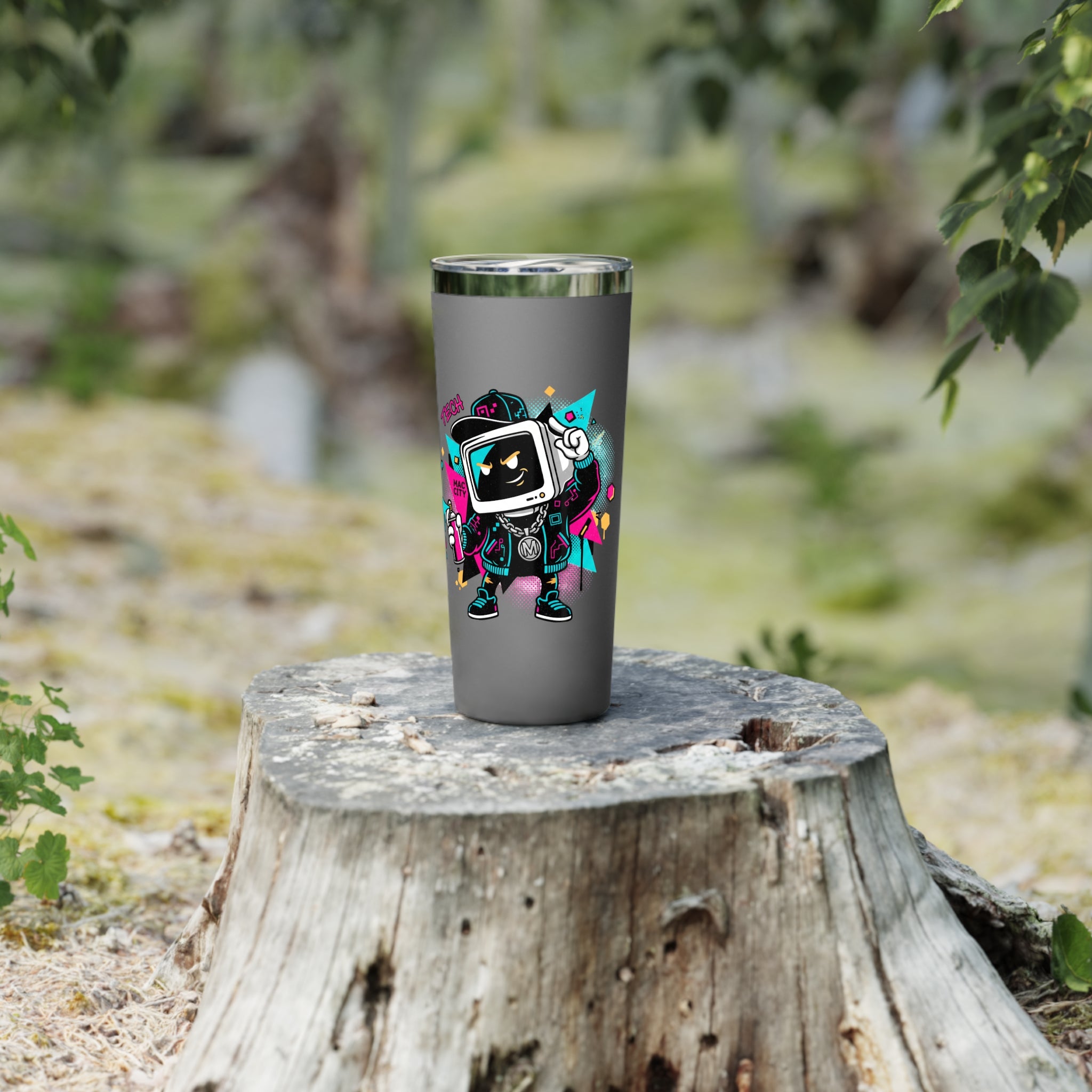 22oz Insulated Tumbler — Retro Gamer Robot Design, Stainless Travel Cup