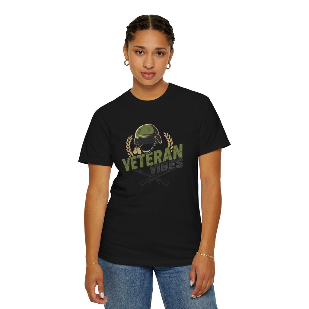 Veteran Vibes T-Shirt — Military Helmet & Crossed Rifles Veteran Shirt