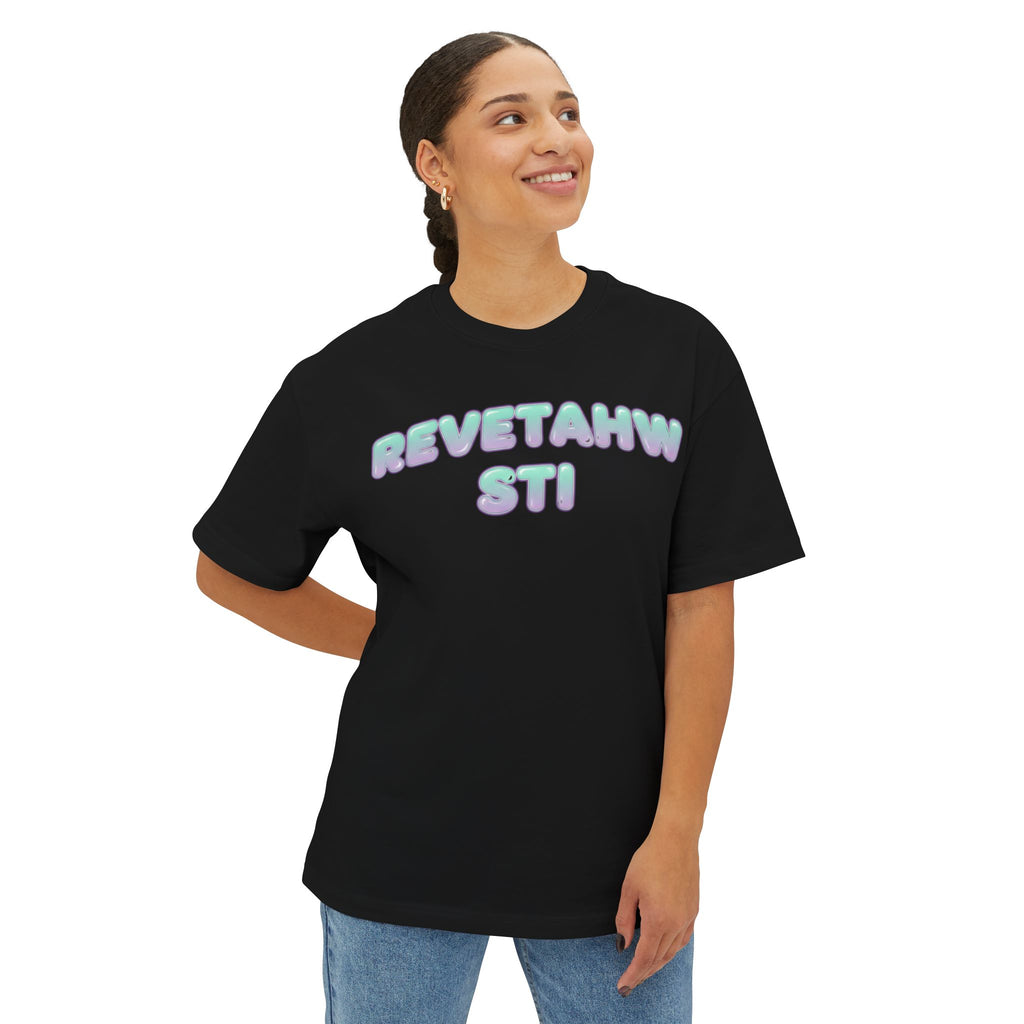 Boxy Tee — Pastel Bubble Text 'REVETAHW STI' Graphic