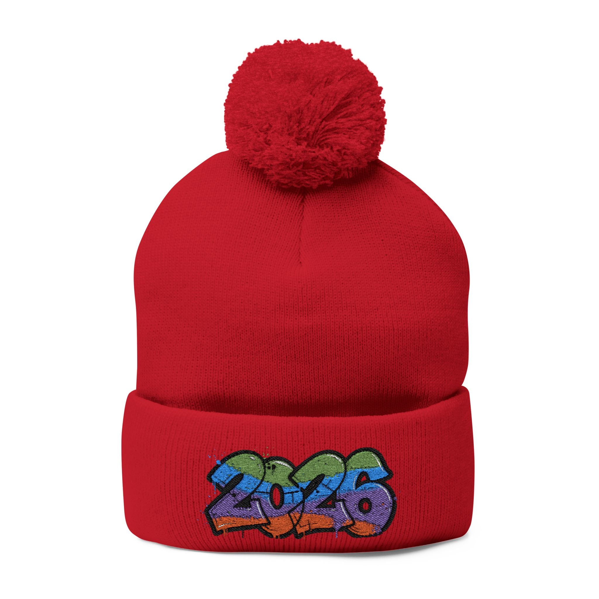 2026 Graffiti Pom-Pom Beanie - Embroidered Streetwear Knit Cap