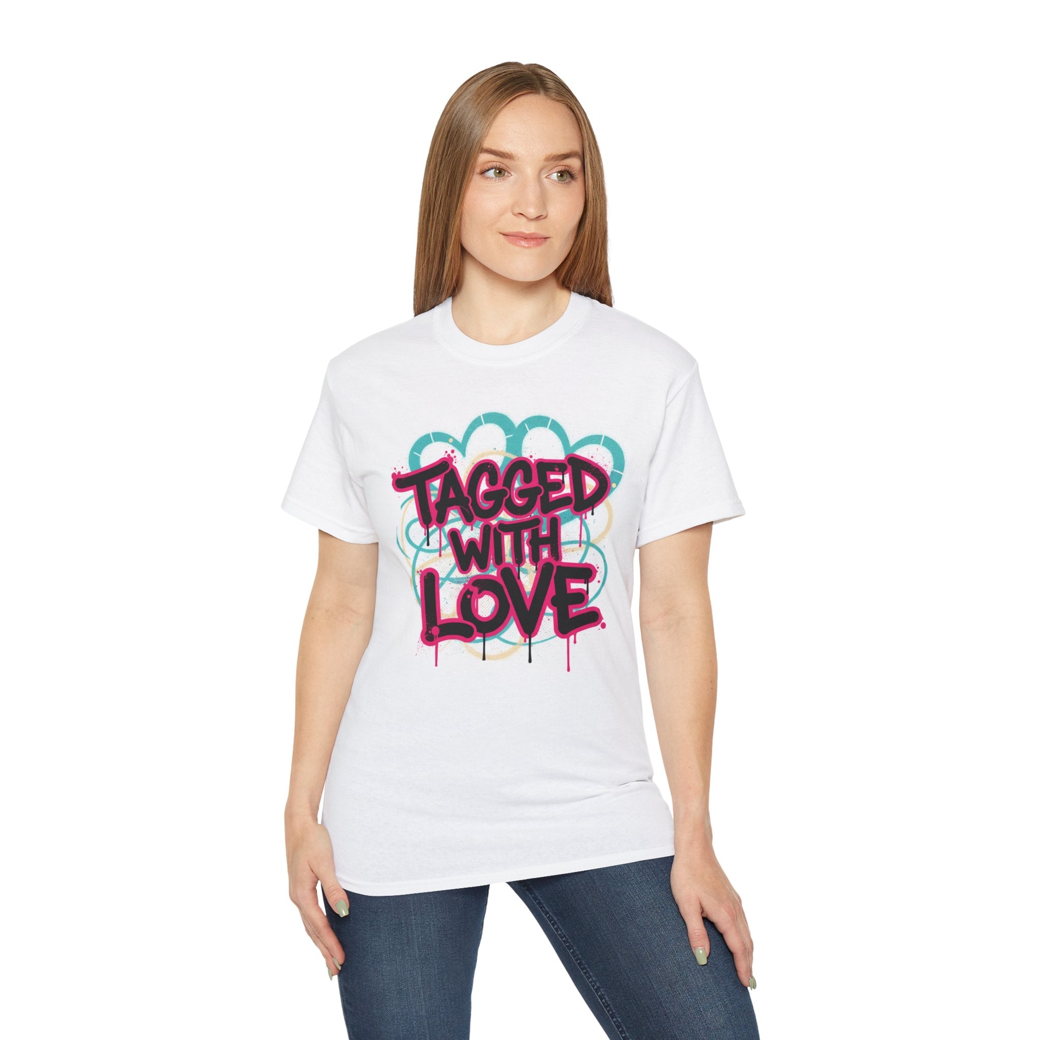 Tagged With Love Graffiti T‑Shirt — Urban Streetwear Tee with Pink Drip Script