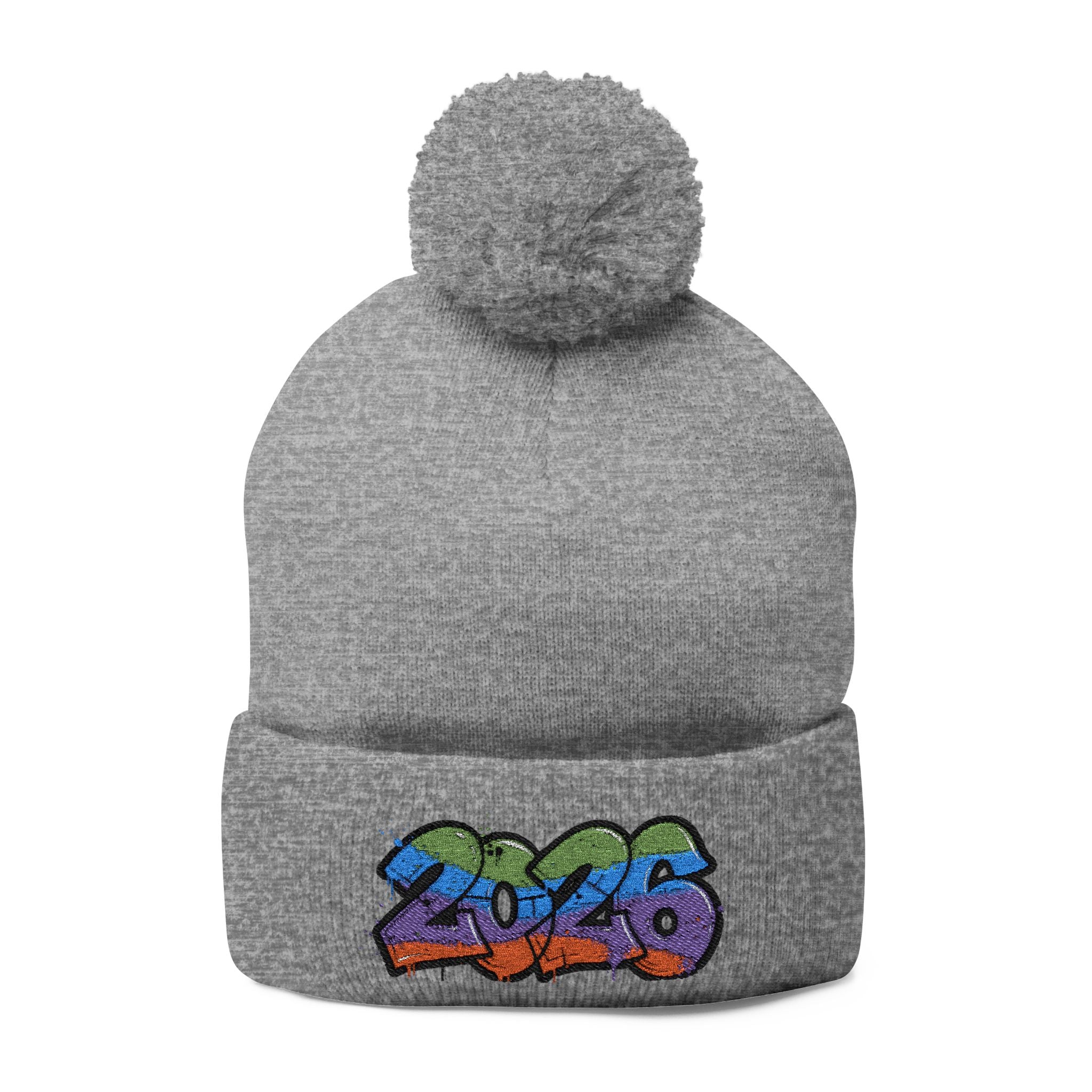 2026 Graffiti Pom-Pom Beanie - Embroidered Streetwear Knit Cap