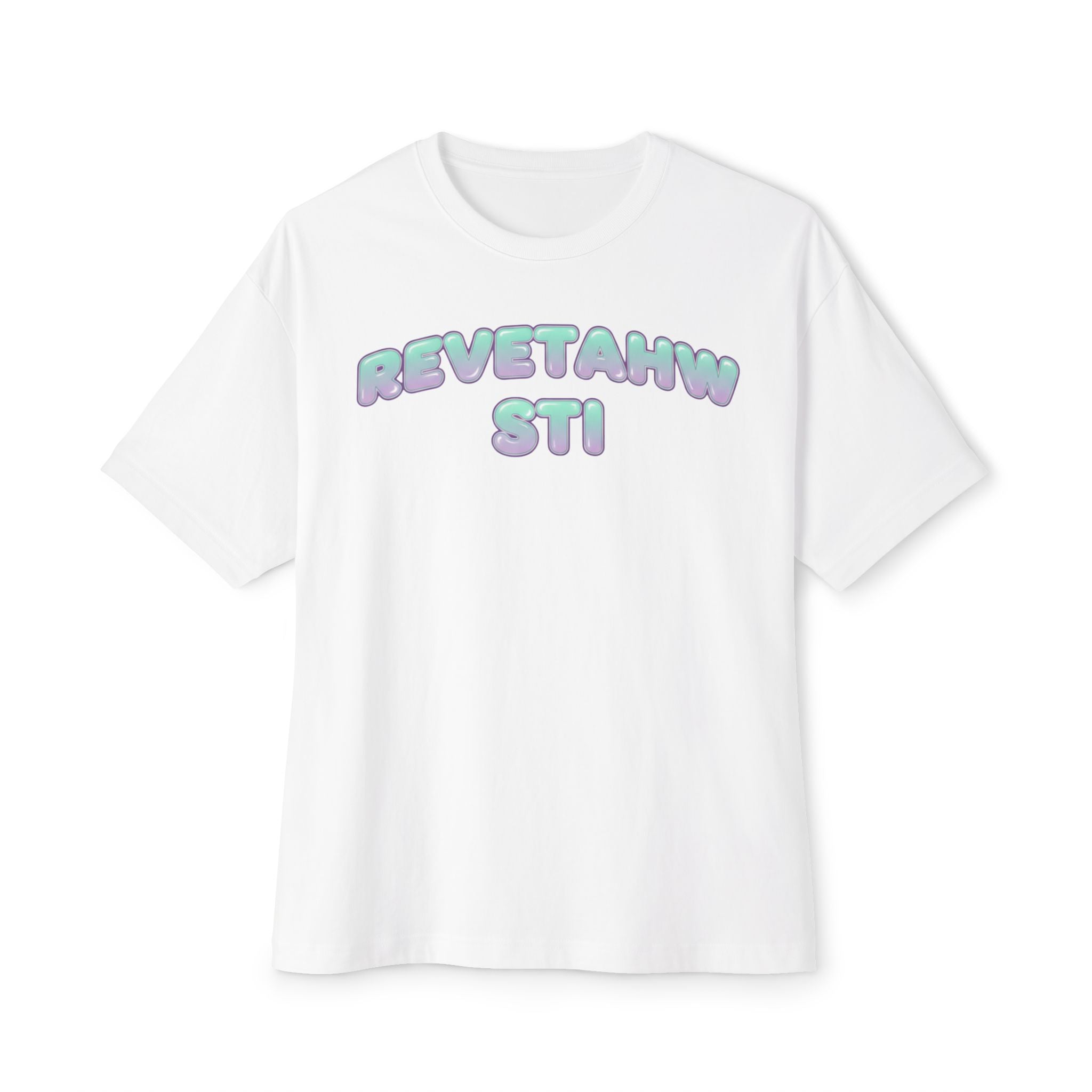 Boxy Tee — Pastel Bubble Text 'REVETAHW STI' Graphic