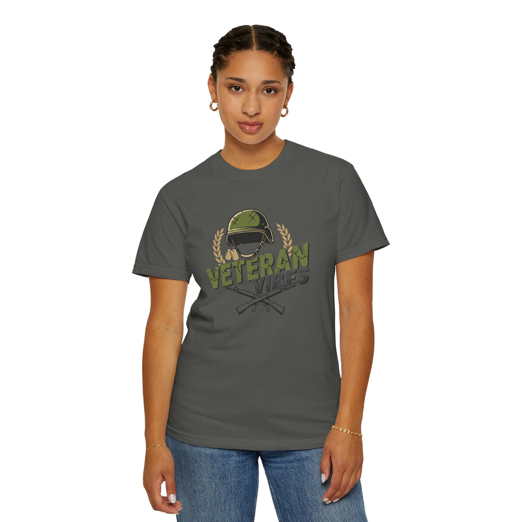Veteran Vibes T-Shirt — Military Helmet & Crossed Rifles Veteran Shirt