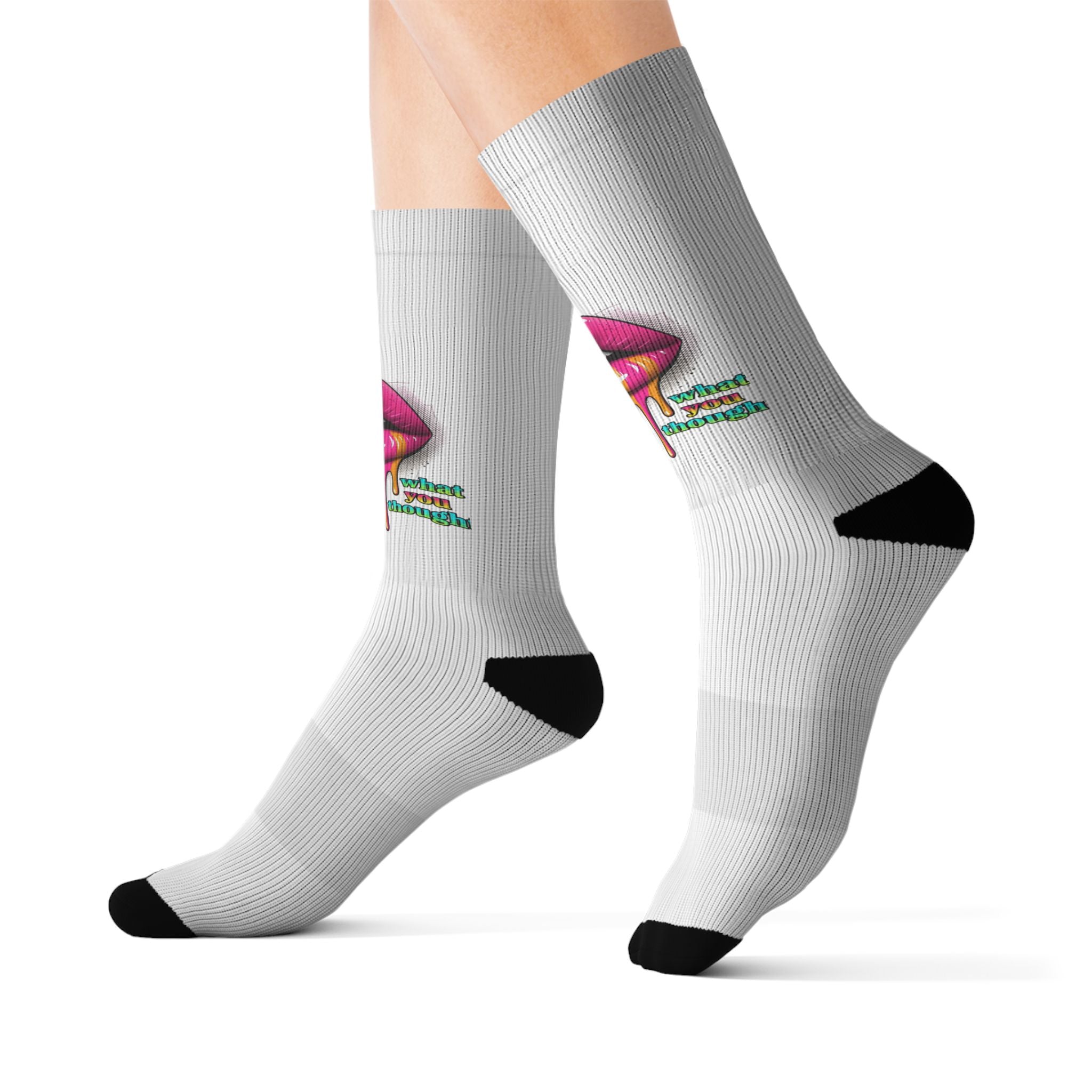 Colorful Lip Art Socks — Sublimated Graphic Crew Socks with Rainbow Drip Design