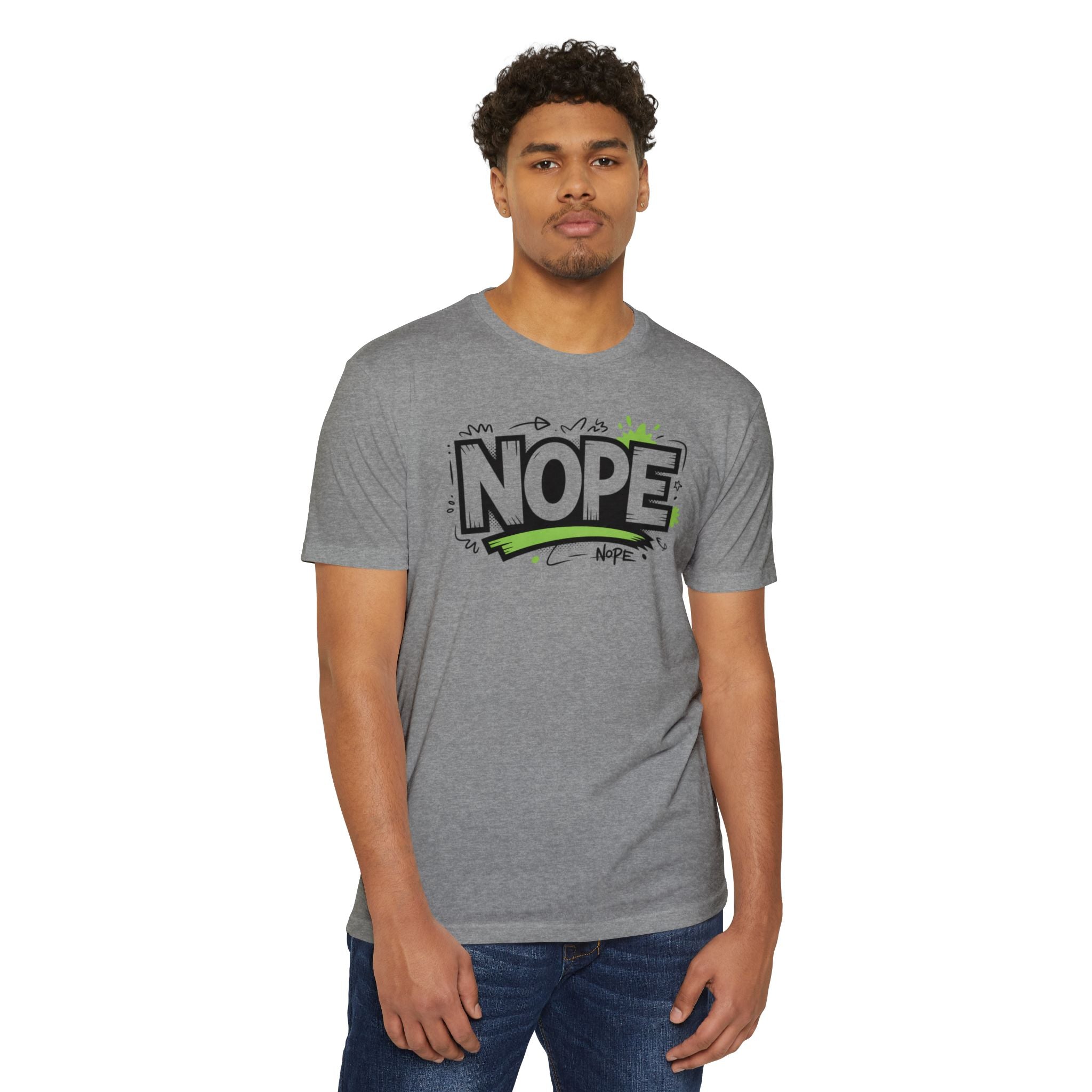 NOPE Graphic T-Shirt — Casual Olive Tee with Green Street Art Slogan