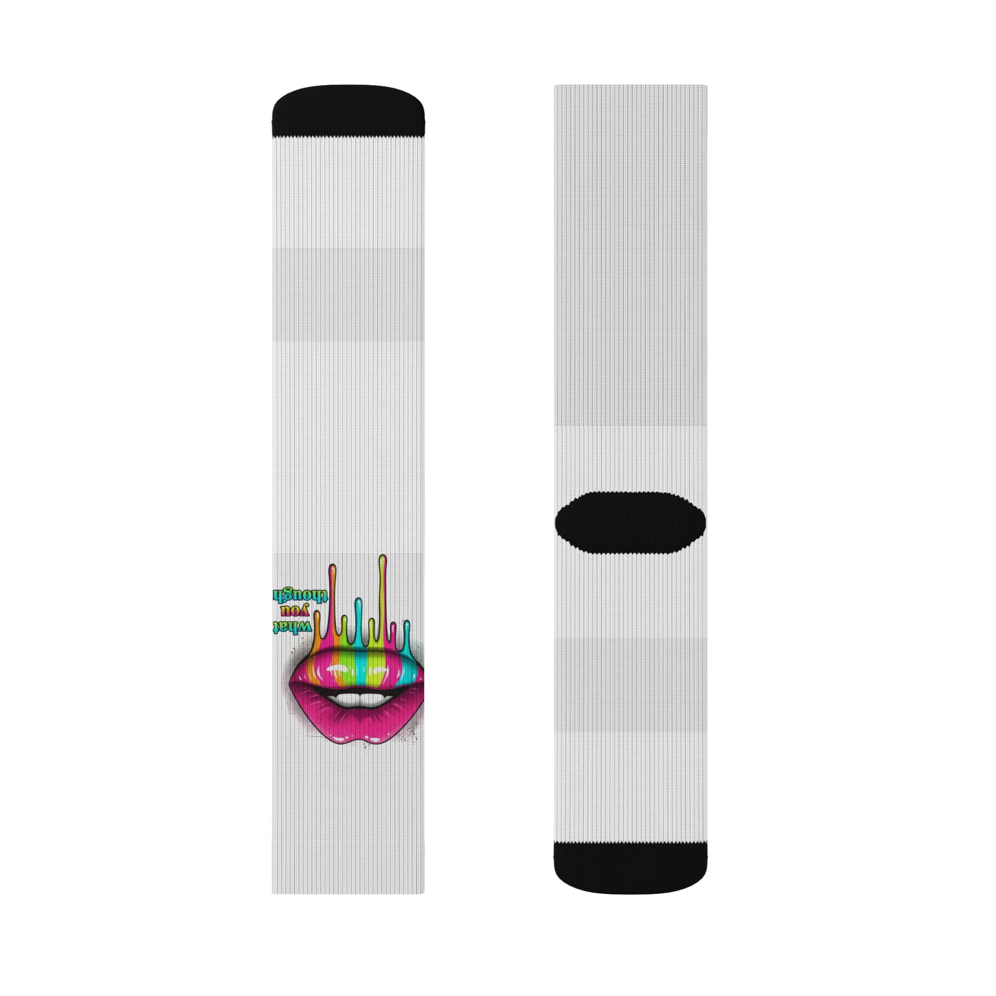 Colorful Lip Art Socks — Sublimated Graphic Crew Socks with Rainbow Drip Design