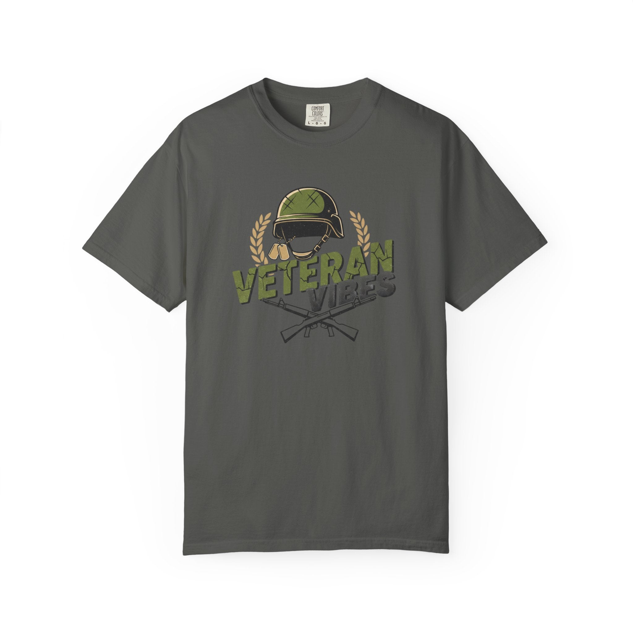 Veteran Vibes T-Shirt — Military Helmet & Crossed Rifles Veteran Shirt