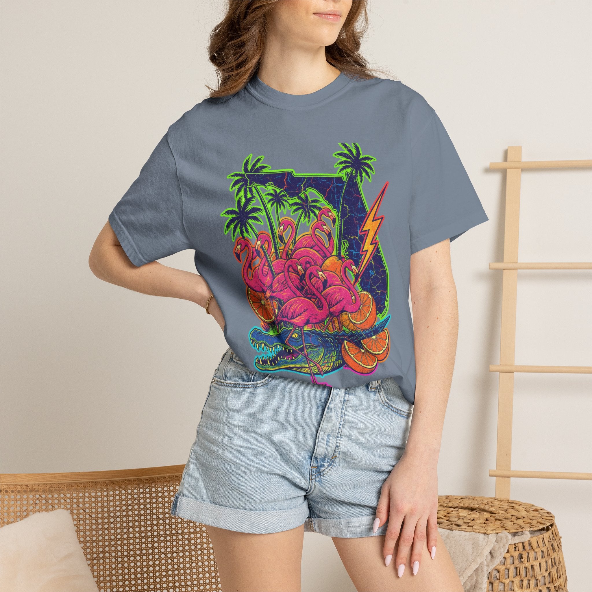 T-Shirt — Neon Flamingo & Crocodile Tropical Graphic