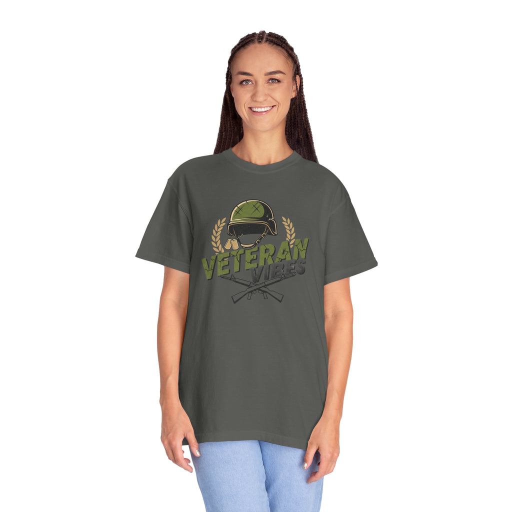Veteran Vibes T-Shirt — Military Helmet & Crossed Rifles Veteran Shirt