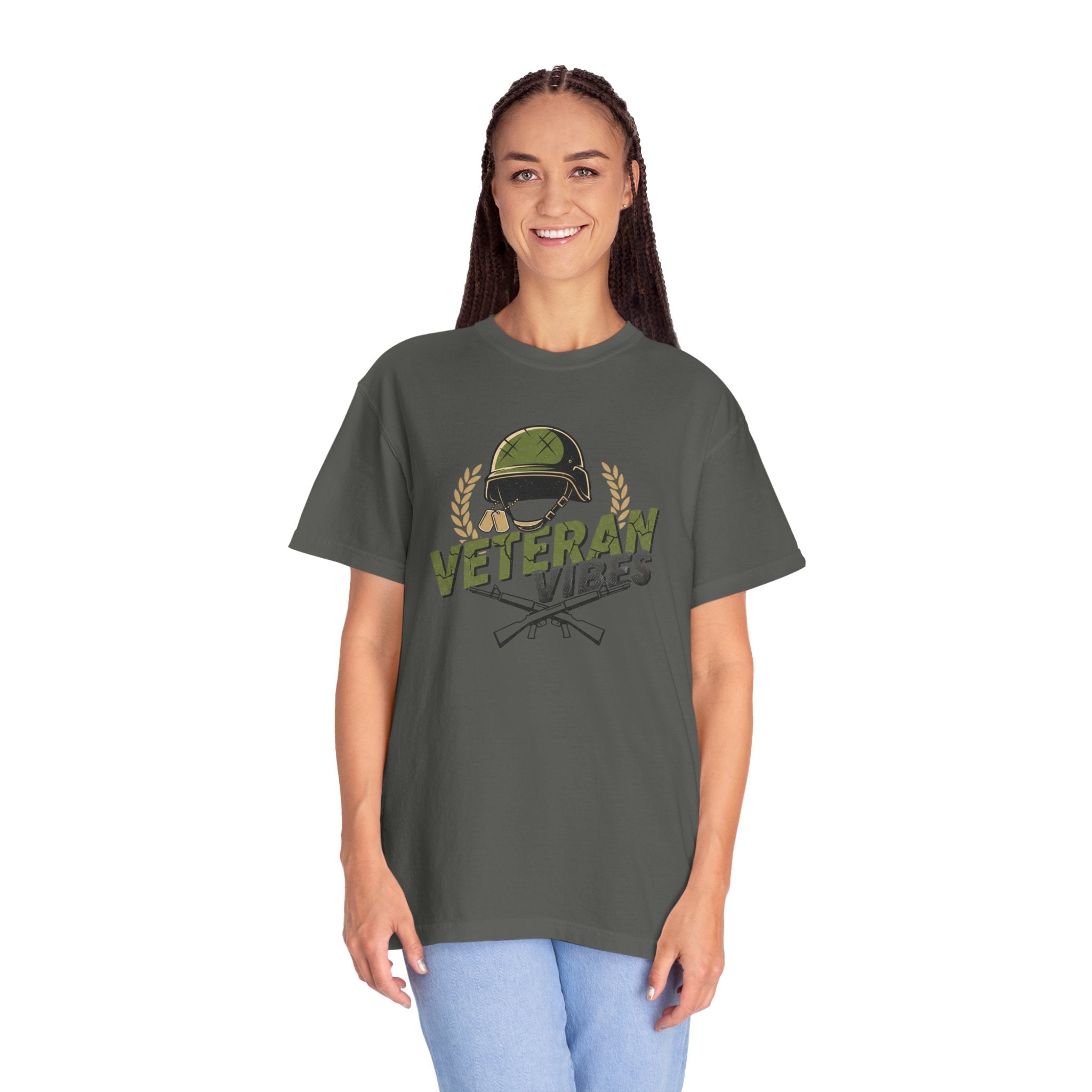 Veteran Vibes T-Shirt — Military Helmet & Crossed Rifles Veteran Shirt
