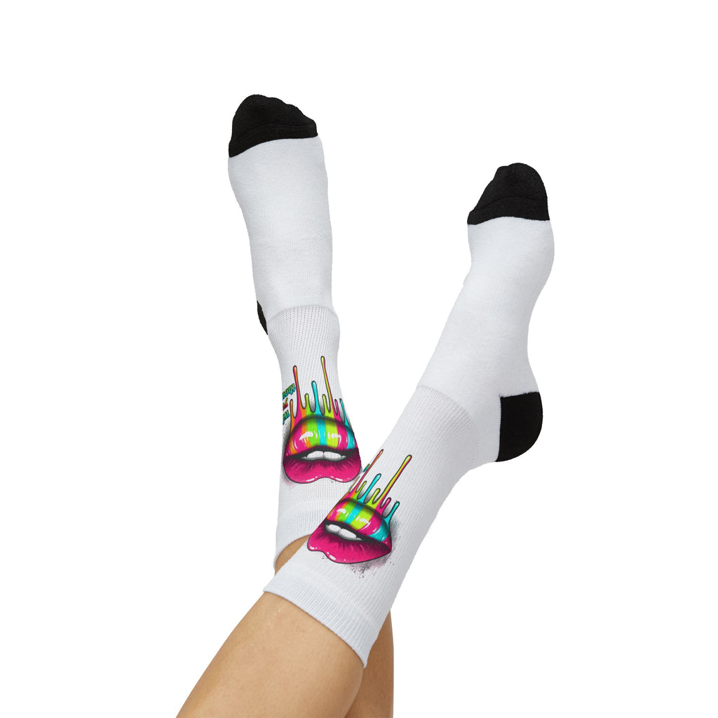 Colorful Lip Art Socks — Sublimated Graphic Crew Socks with Rainbow Drip Design