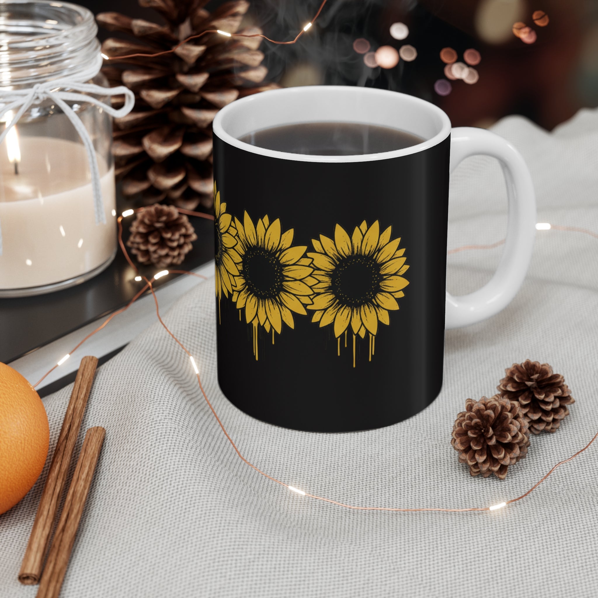 Sunflower Drip Black Ceramic Mug — 11oz Floral Coffee Cup