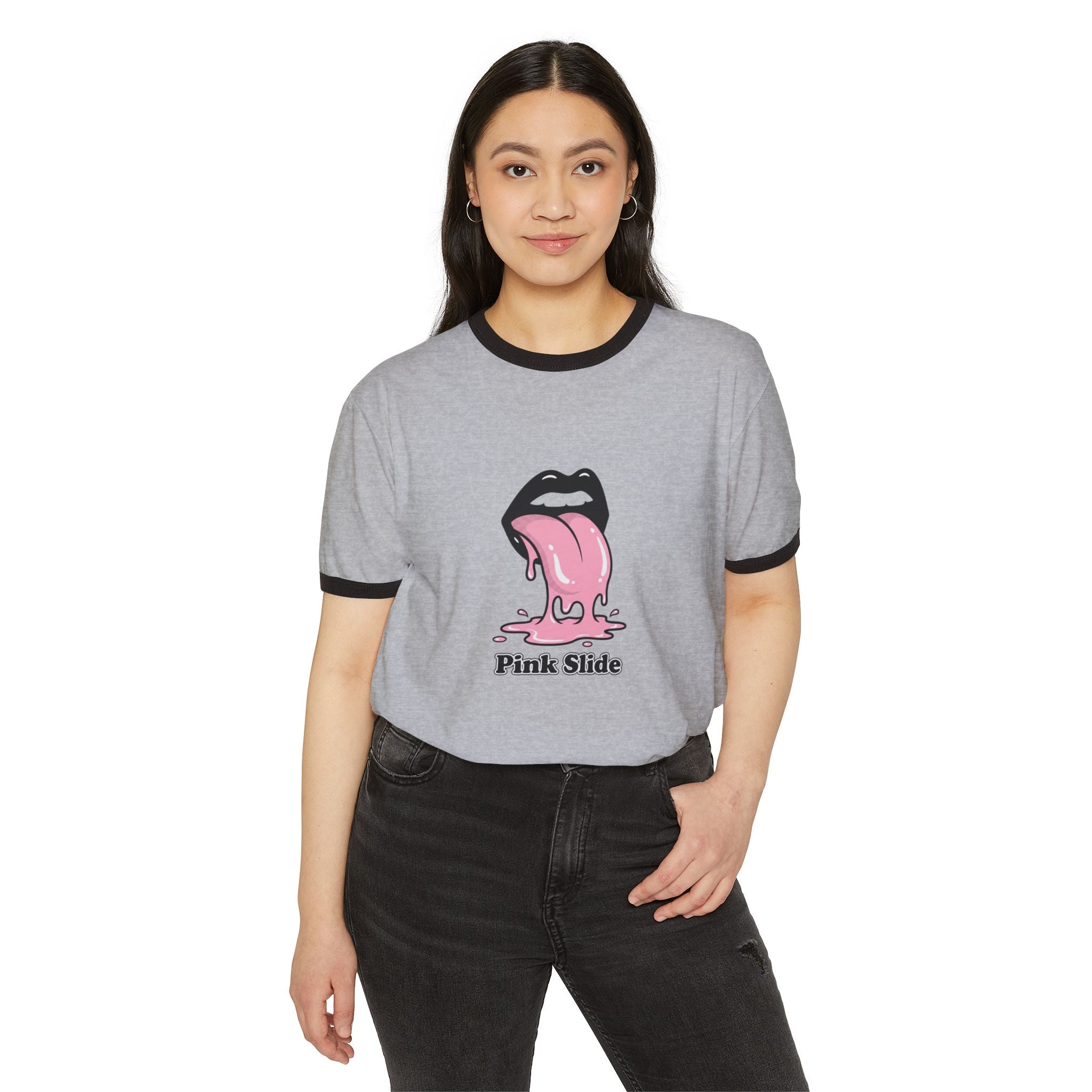 Pink Slide Ringer Tee - Retro Graphic Streetwear T-Shirt