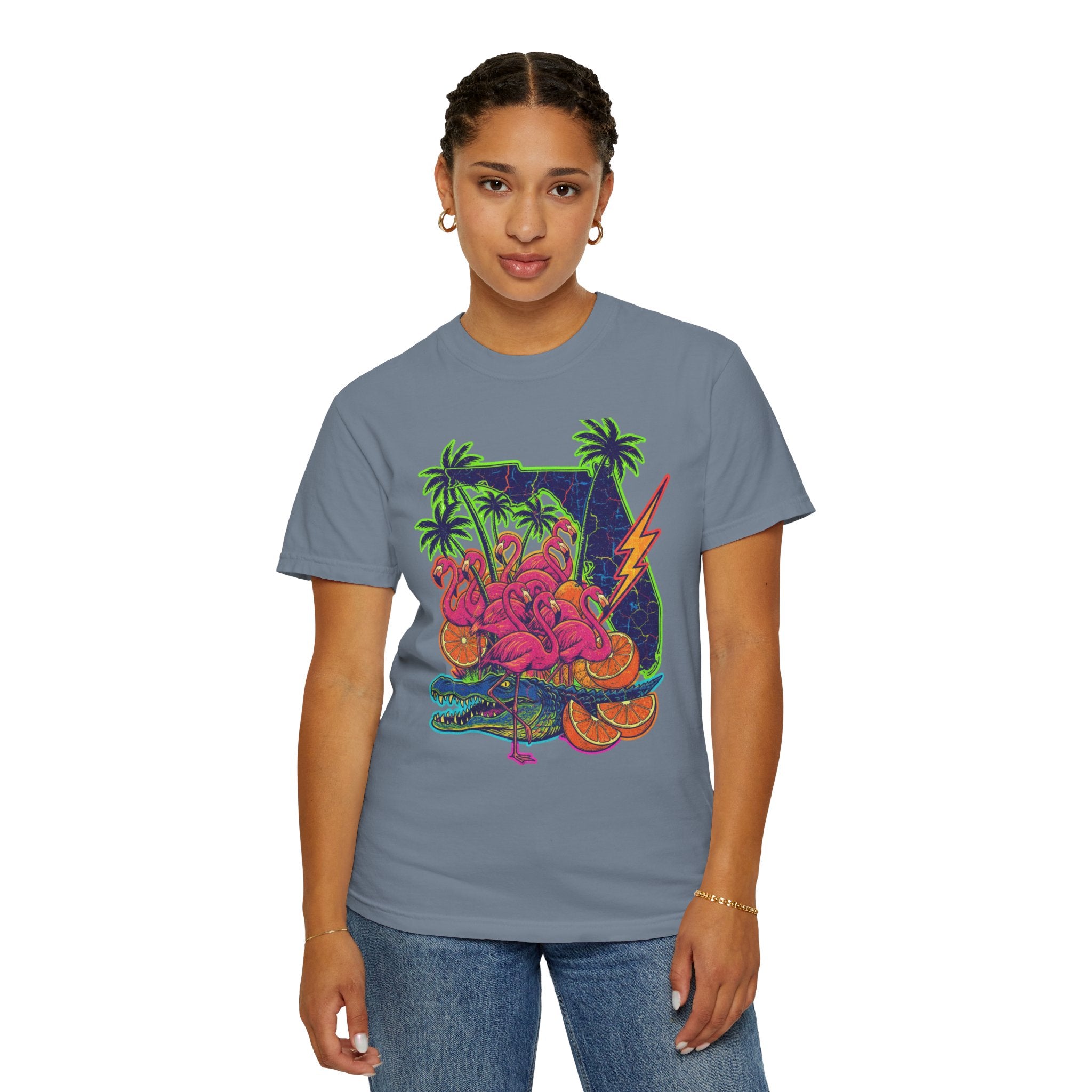 T-Shirt — Neon Flamingo & Crocodile Tropical Graphic