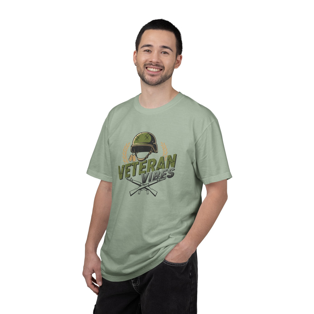 Veteran Vibes T-Shirt — Military Helmet & Crossed Rifles Veteran Shirt