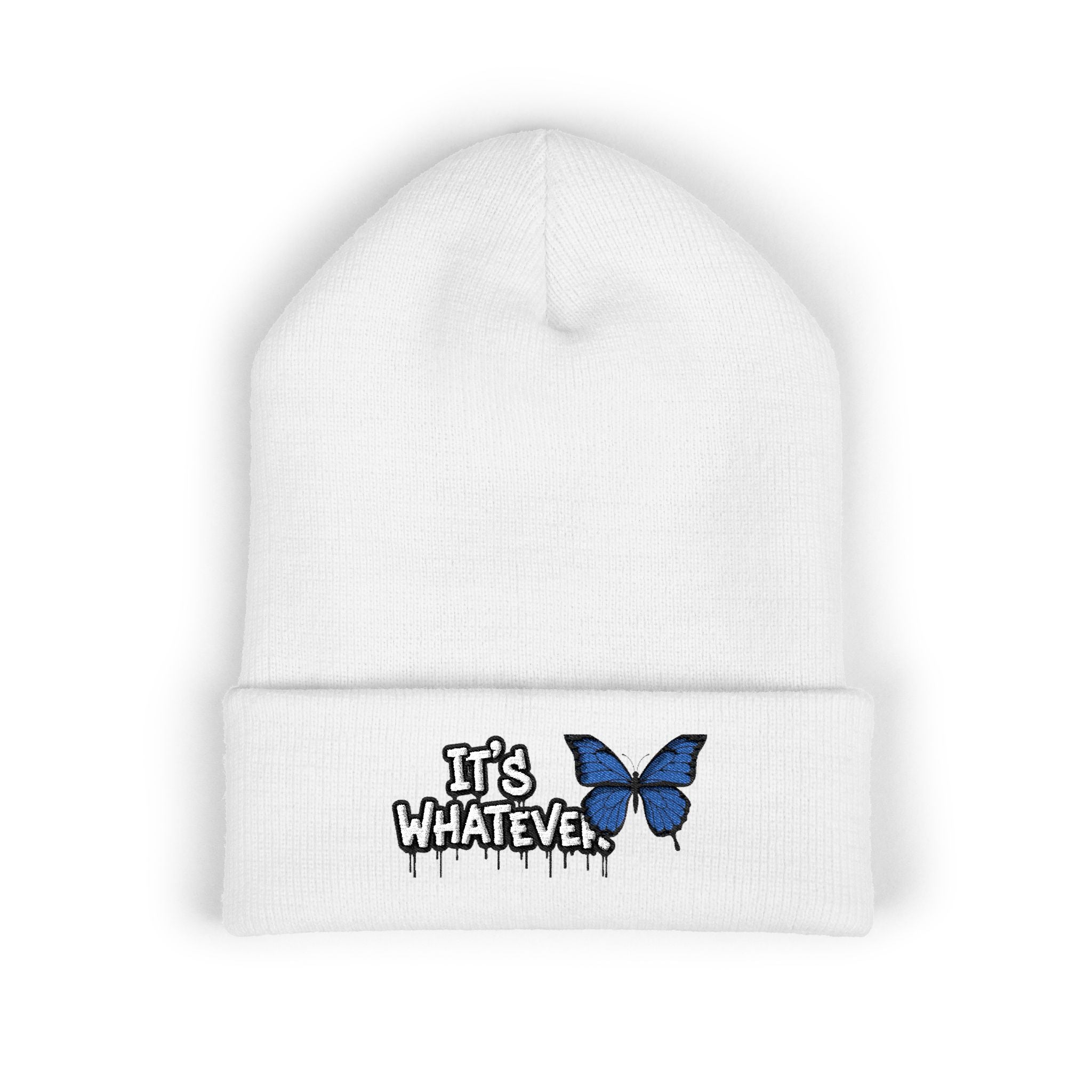 Embroidered 'It's Whatever' Beanie — Blue Butterfly Cuffed Knit Hat