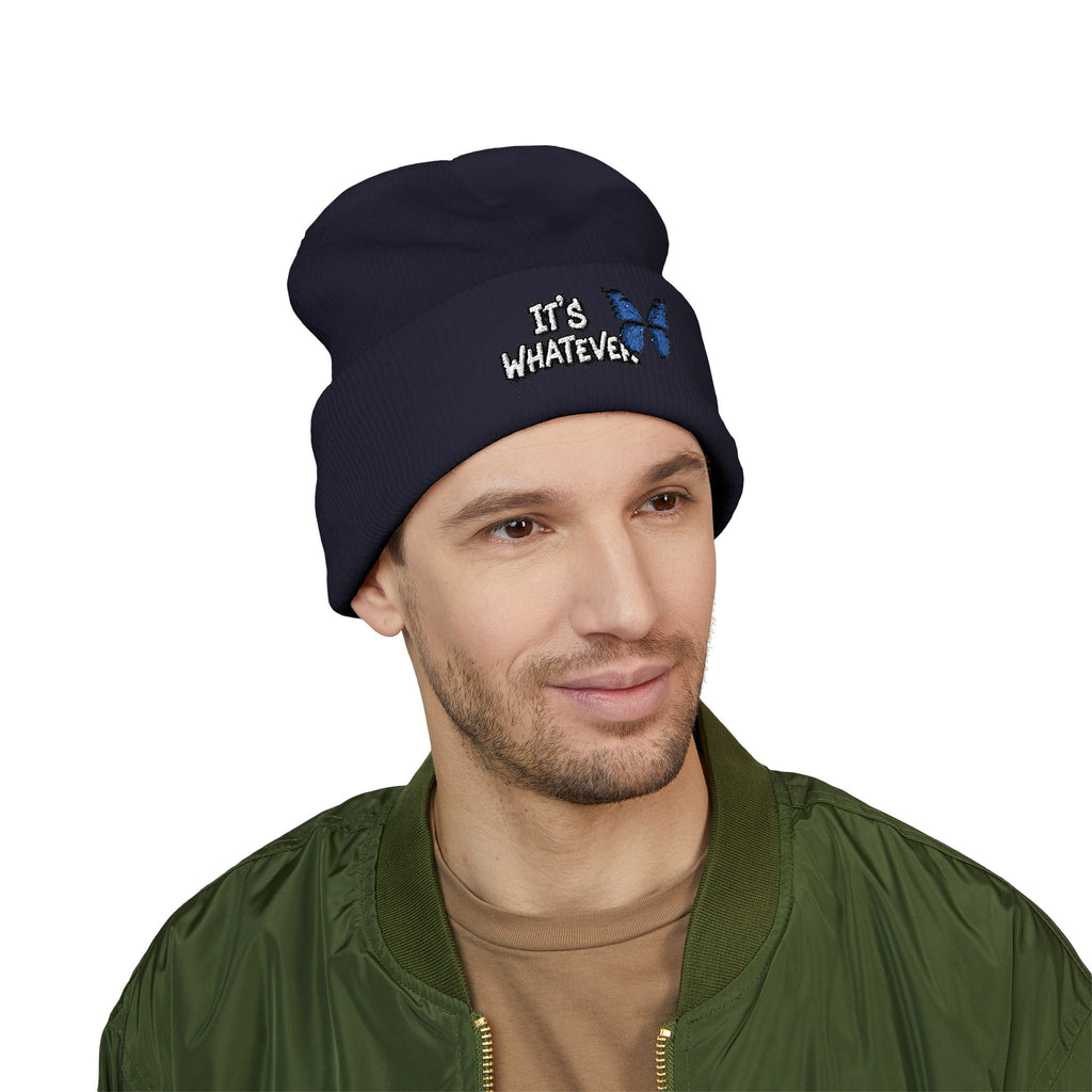 Embroidered 'It's Whatever' Beanie — Blue Butterfly Cuffed Knit Hat