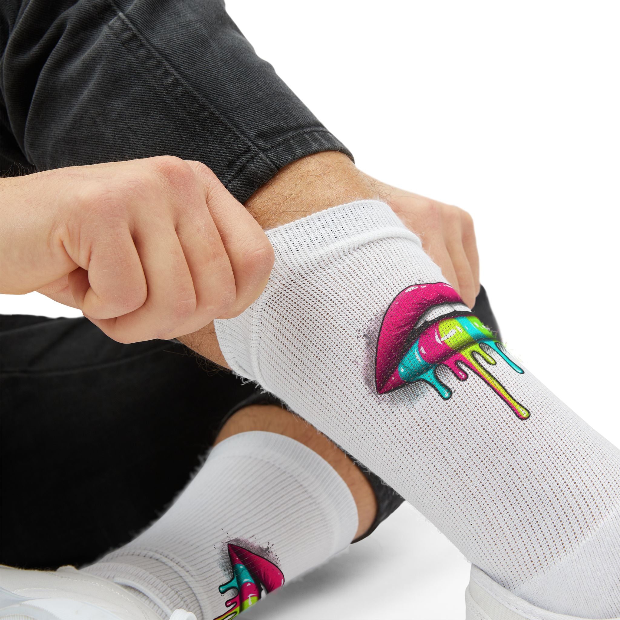 Colorful Lip Art Socks — Sublimated Graphic Crew Socks with Rainbow Drip Design