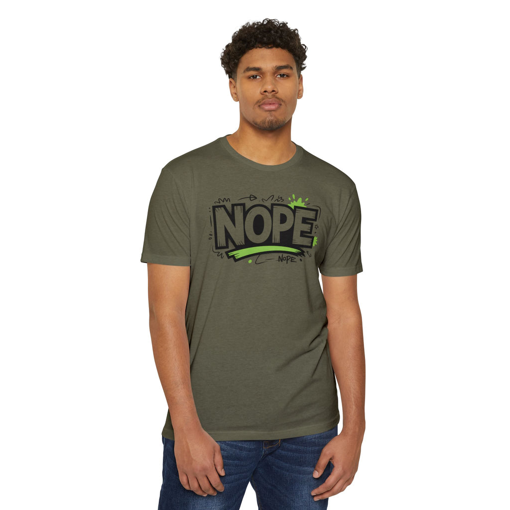 NOPE Graphic T-Shirt — Casual Olive Tee with Green Street Art Slogan
