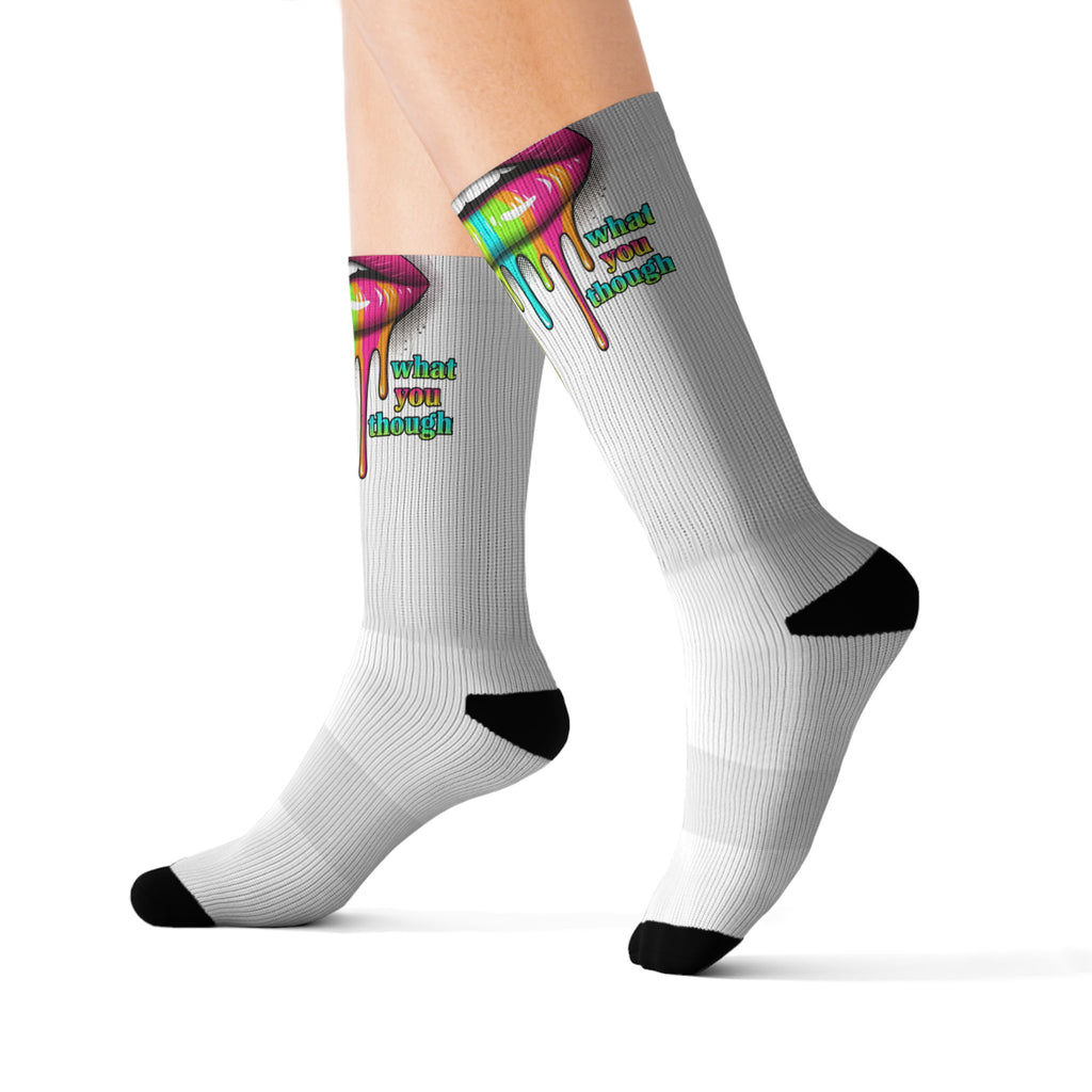Colorful Lip Art Socks — Sublimated Graphic Crew Socks with Rainbow Drip Design