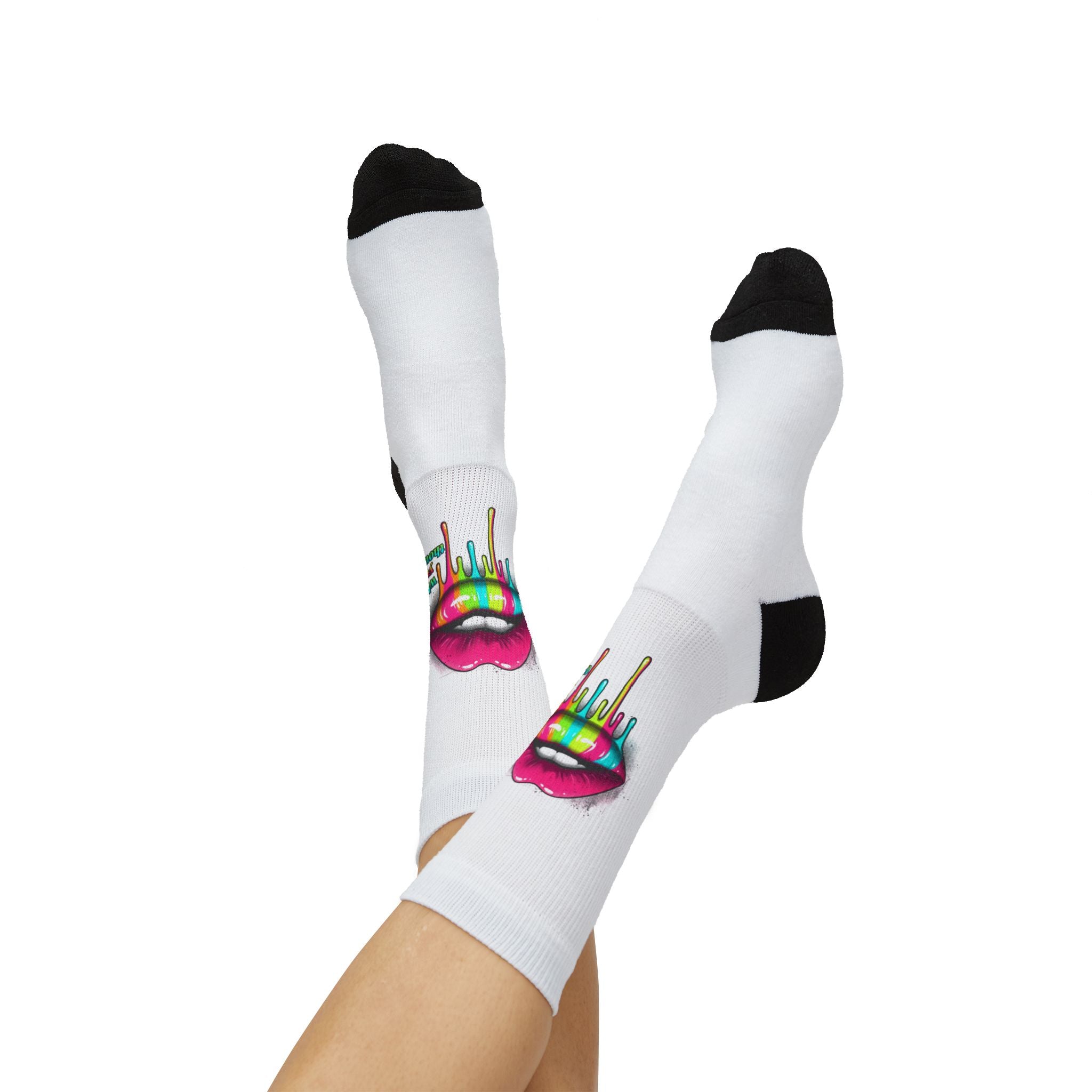 Colorful Lip Art Socks — Sublimated Graphic Crew Socks with Rainbow Drip Design