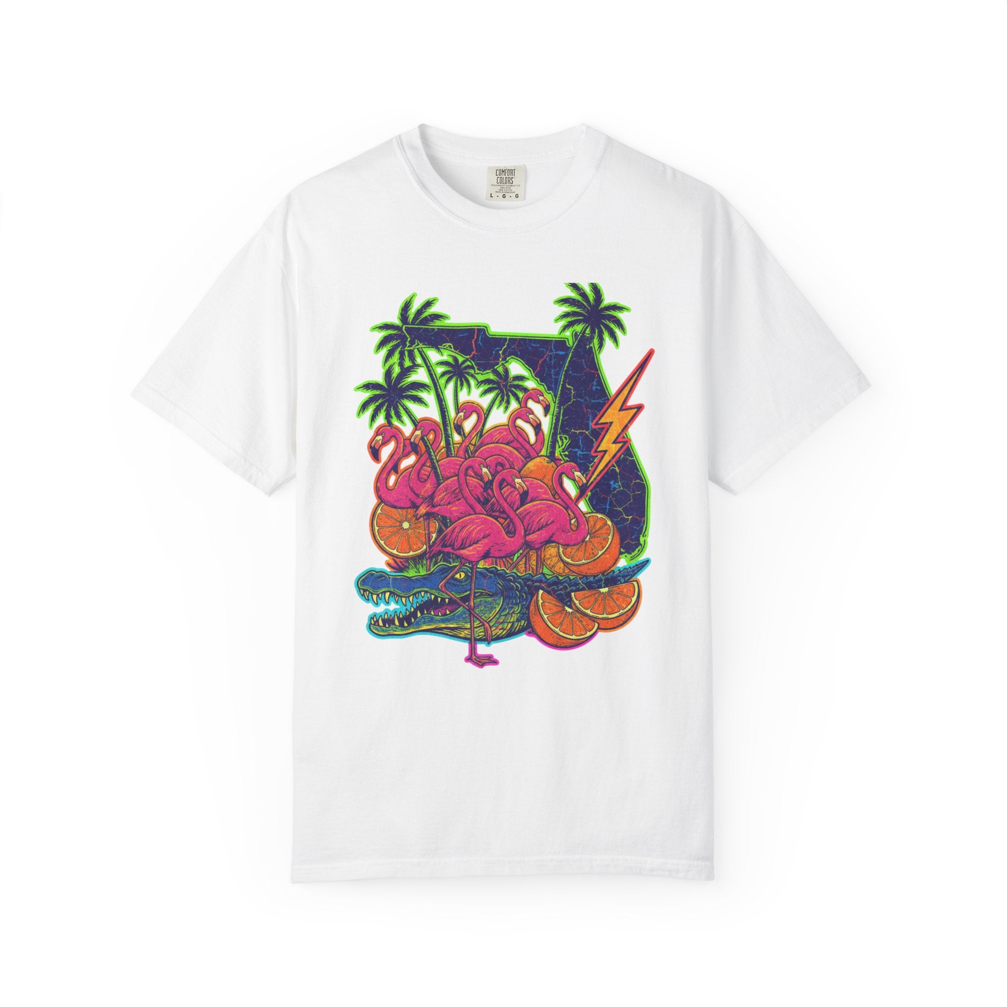 T-Shirt — Neon Flamingo & Crocodile Tropical Graphic