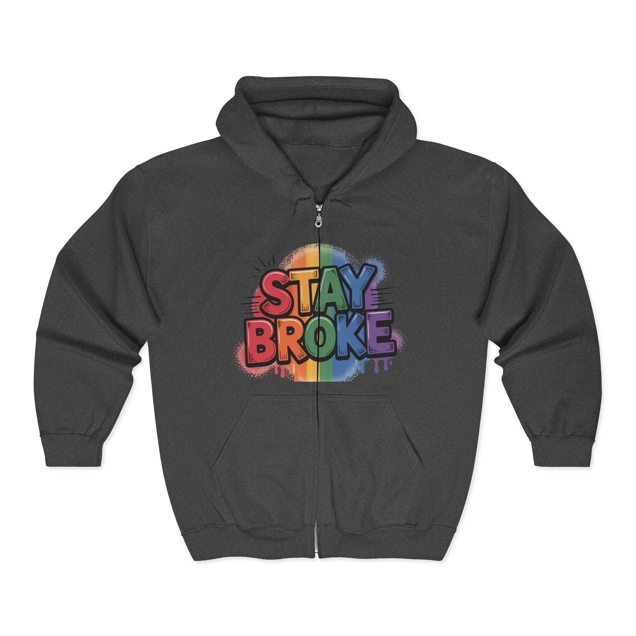 Stay Broke Rainbow Zip Hoodie — Funny Retro Graphic Full‑Zip Sweatshirt